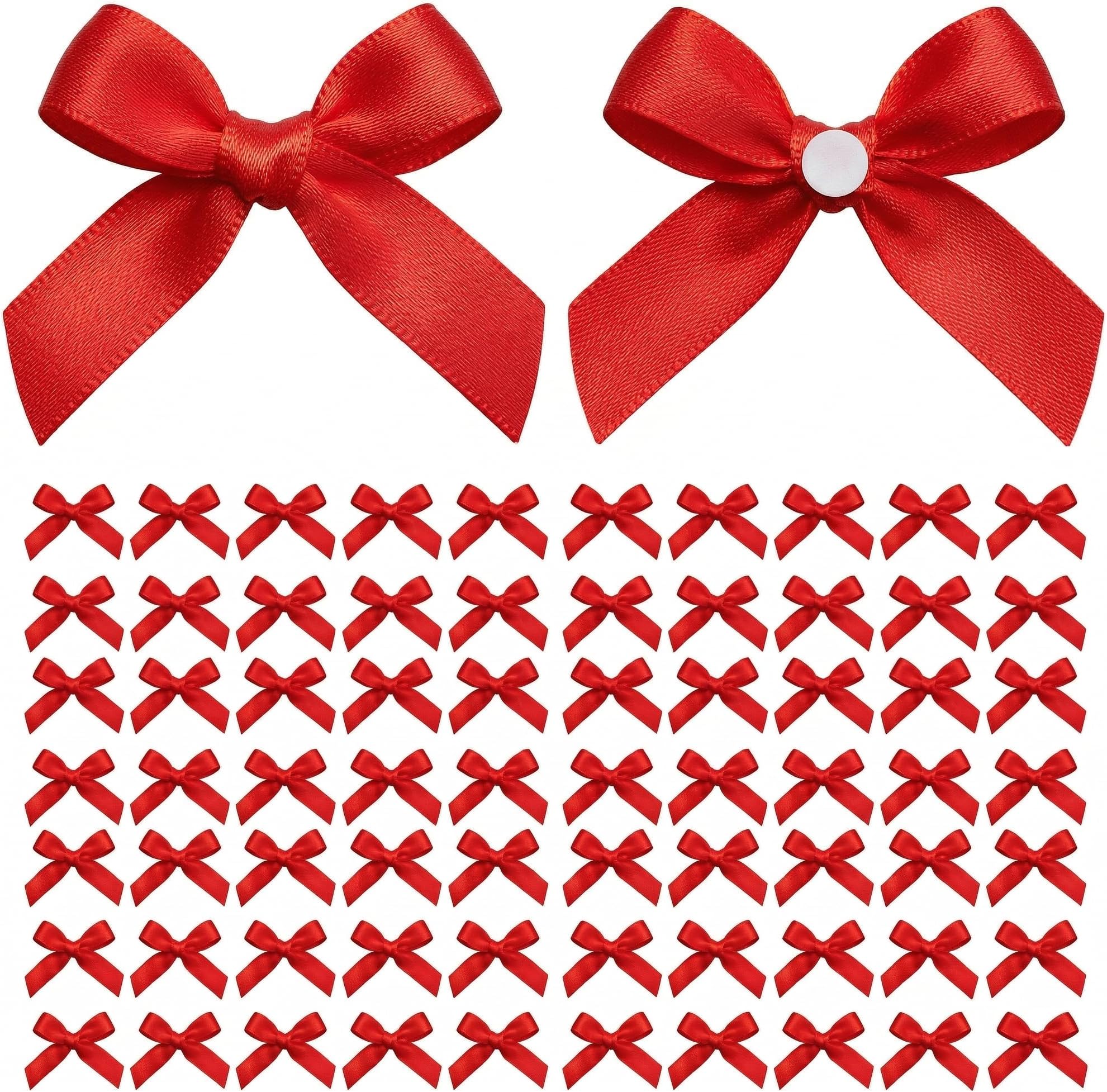 100PCS Mini Red Bows Decoration with Glue Dots, Tiny Satin Ribbon Ornaments for DIY, Crafts, Favors, Fit for Party, Birthday, Christmas, Engagement, Wedding, Valentine's Day, Engagement