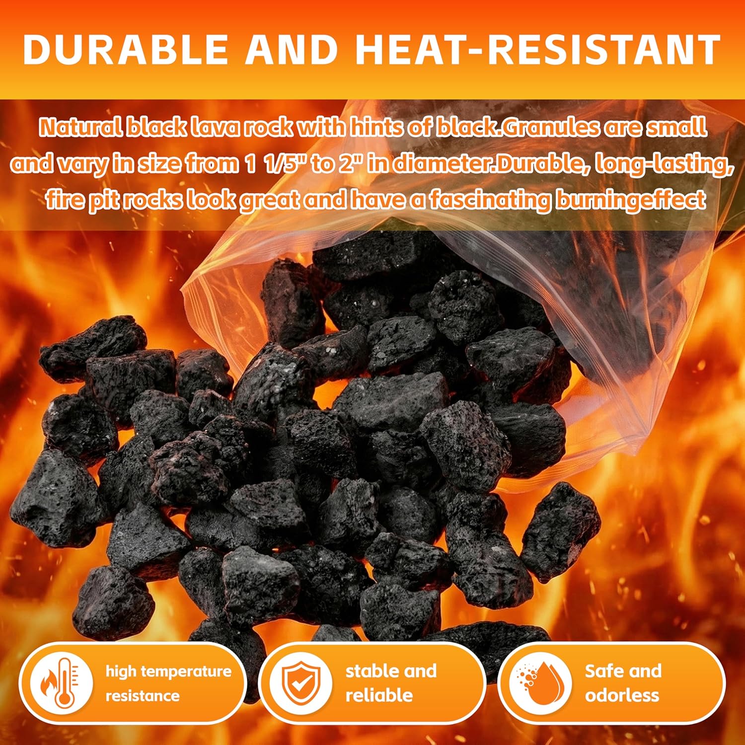 10lbs Black Lava Rock Granules Decorative - Ideal for Fire Pits, Fire Bowls, Gas Log Sets, Indoor/Outdoor Fireplace Landscaping(1 1/5" - 2")