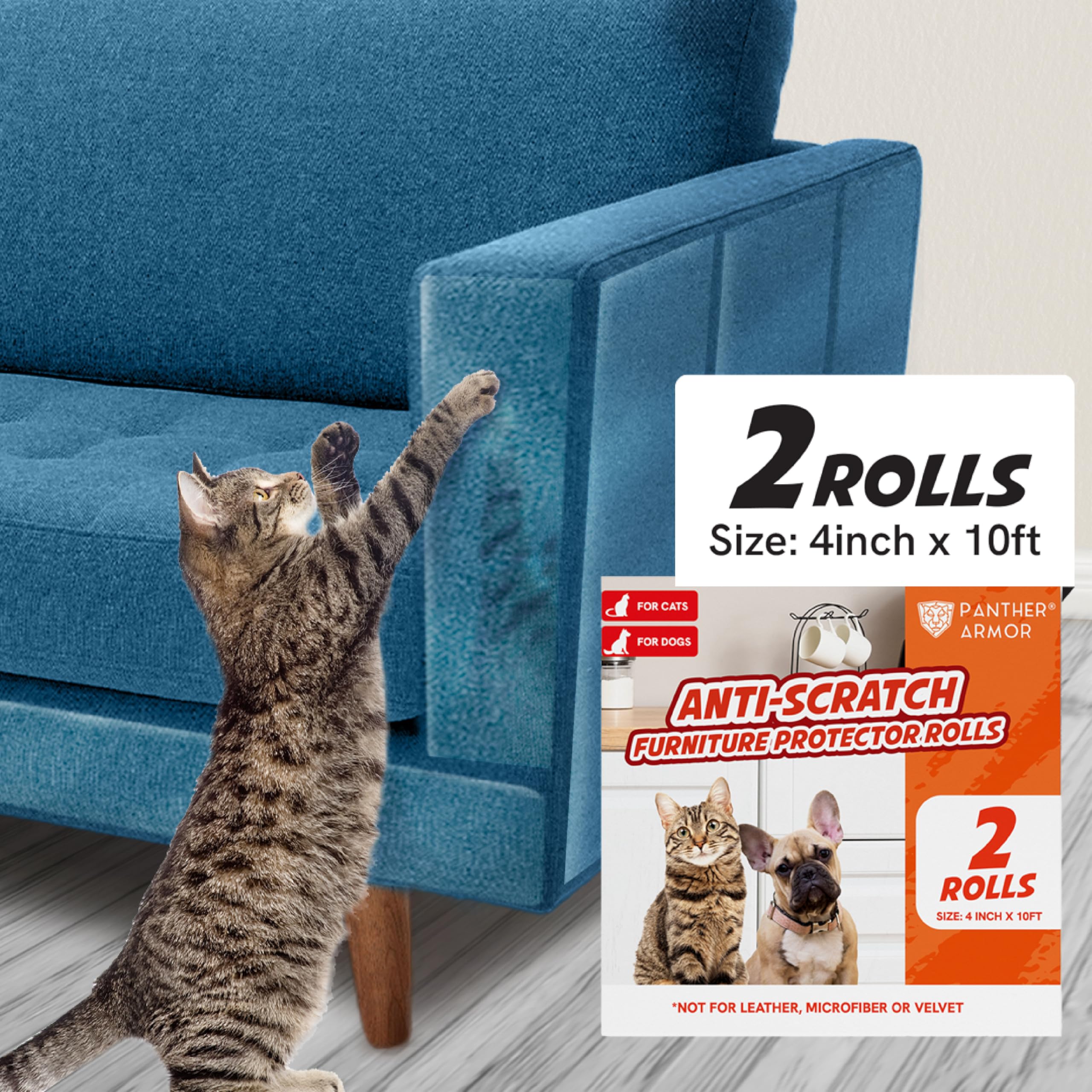Panther Armor Anti Cat Scratch Furniture Protector Tapes, 2X Rolls, Furniture Scratch Guards for Cats, No Scratch Single Side Sticky Tape, 4in x 10ft,