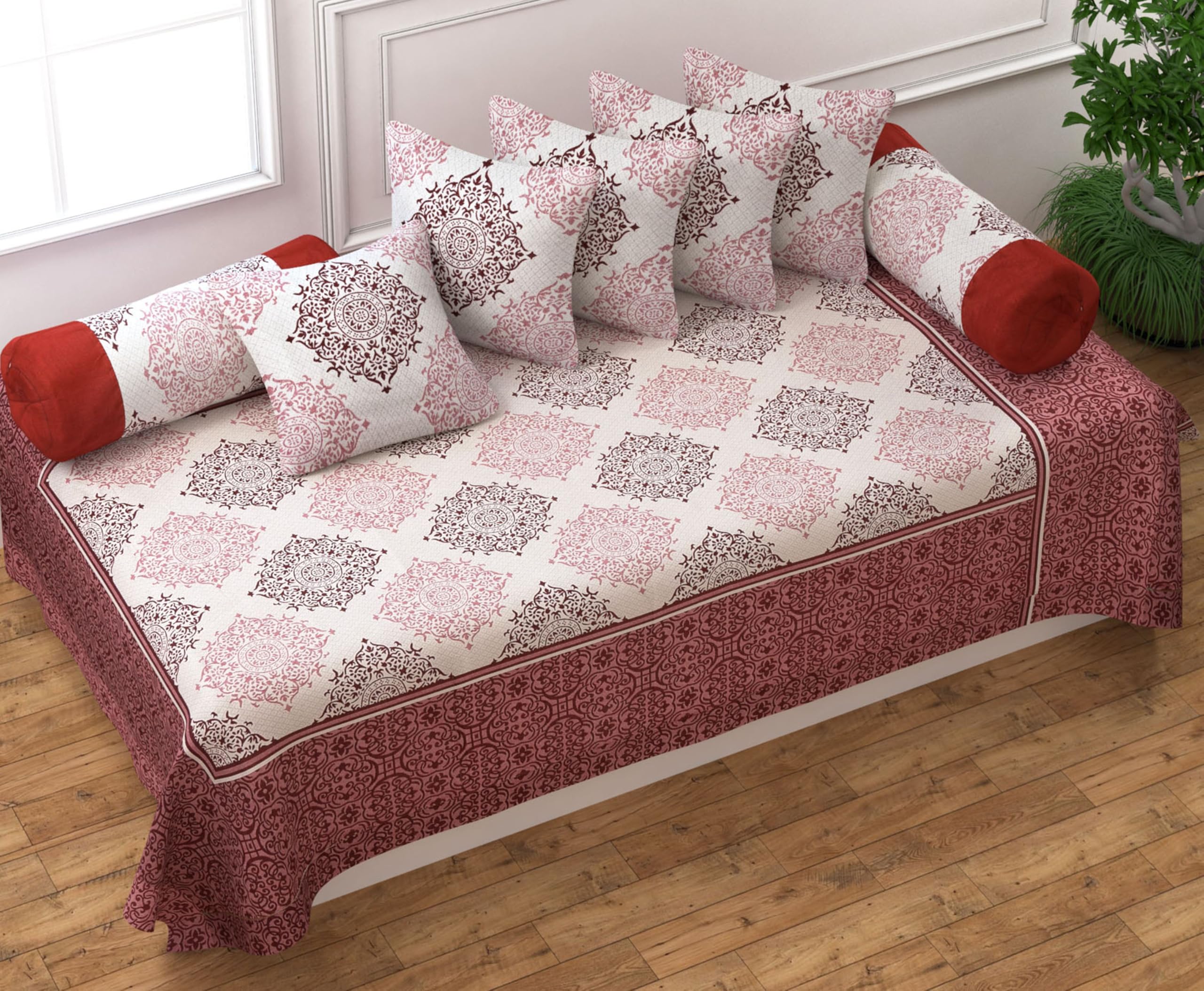 FRESH FROM LOOM Cotton Reversible Diwan Set - 1 Single Bedsheet with 2 Bolster Covers and 5 Cushion Covers (8pc Set, Wine)-image-47