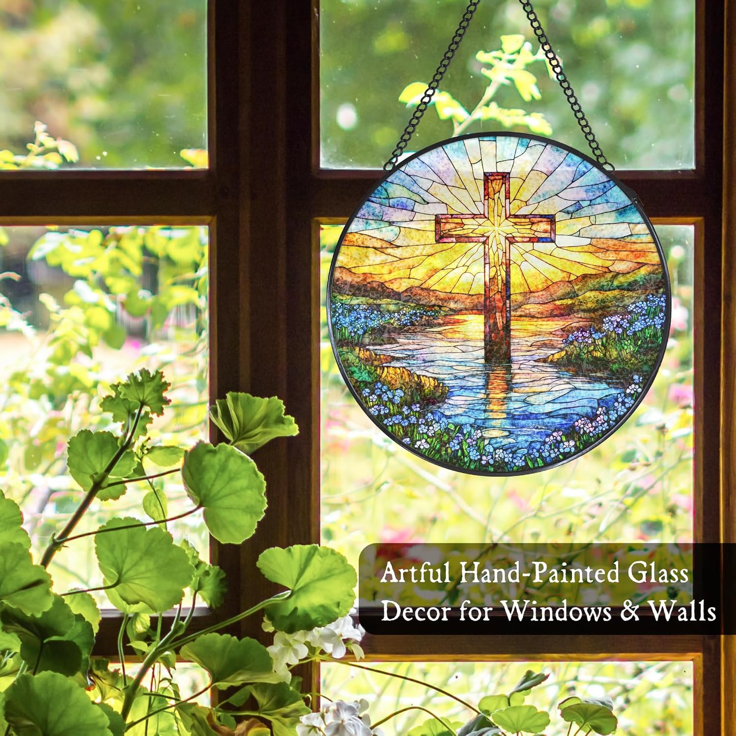Cross Forget Me Not Stained Glass Window Hanging Suncatcher, Christian Flower Sunset Sun Catcher Indoor Window Decor Gifts, Religious Painted Glass Round Wall Hanging Decorations 7.8x7.8 in