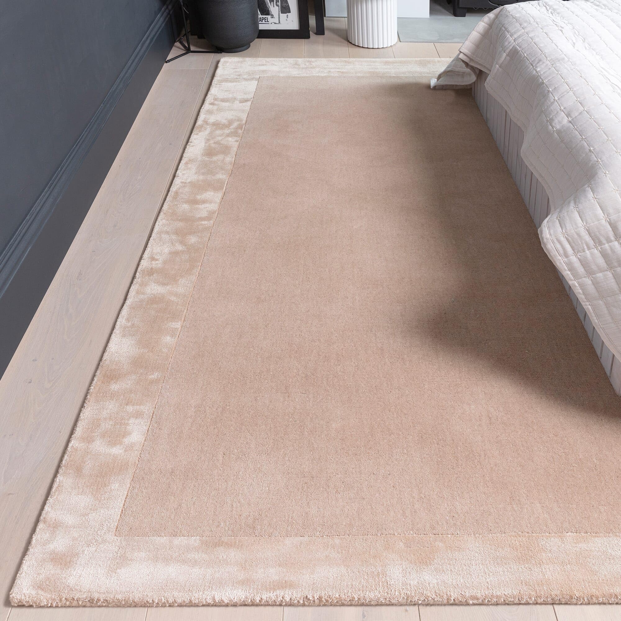 Lord of Rugs Ascot Rug for Living Room Bedroom Soft Wool Plain Hand Woven High Shine Viscose Bordered Rug Putty Beige Natural Medium 120x170 cm (4'x5'6")