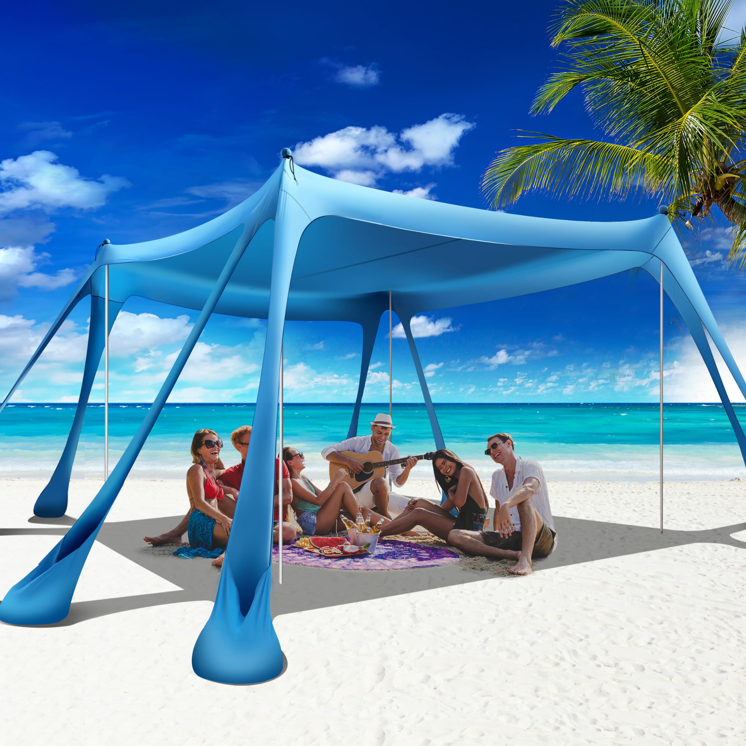 Beach Canopy Beach Tent Pop Up Shade 10x10ft Sun Shelter UPF50+ with 8 Sandbags-2 Sand Shovel-4 Aluminum Poles-Ground Pegs-Portable Carrying Bag for Outdoor Family Camping Fishing Yard Picnic