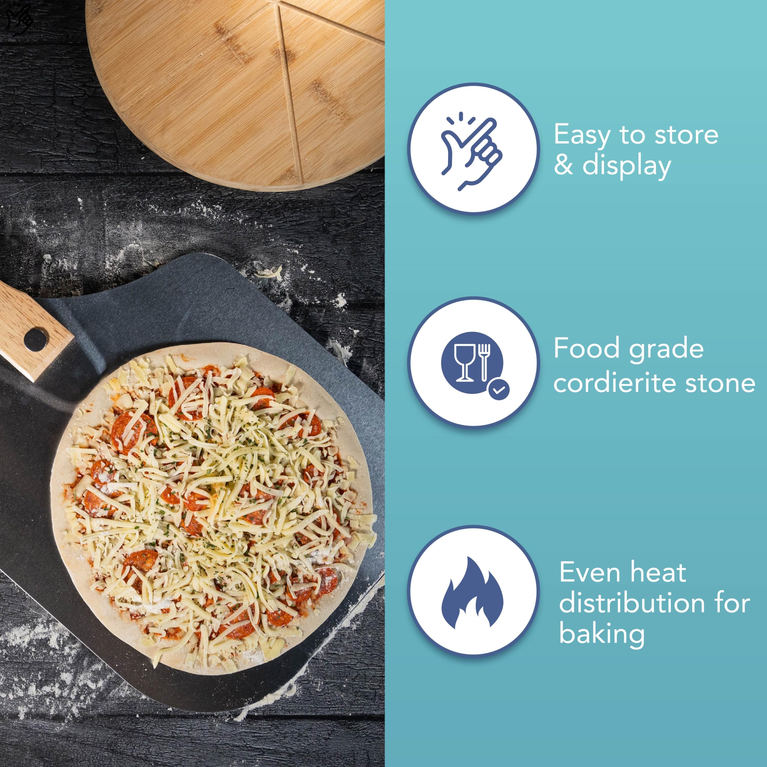 HEFTMAN Juego de piedra y cáscara para pizza, piedra de cordierita para horno, parrilla, barbacoa con paleta de aluminio para una corteza perfecta, piedra para hornear pan, galletas