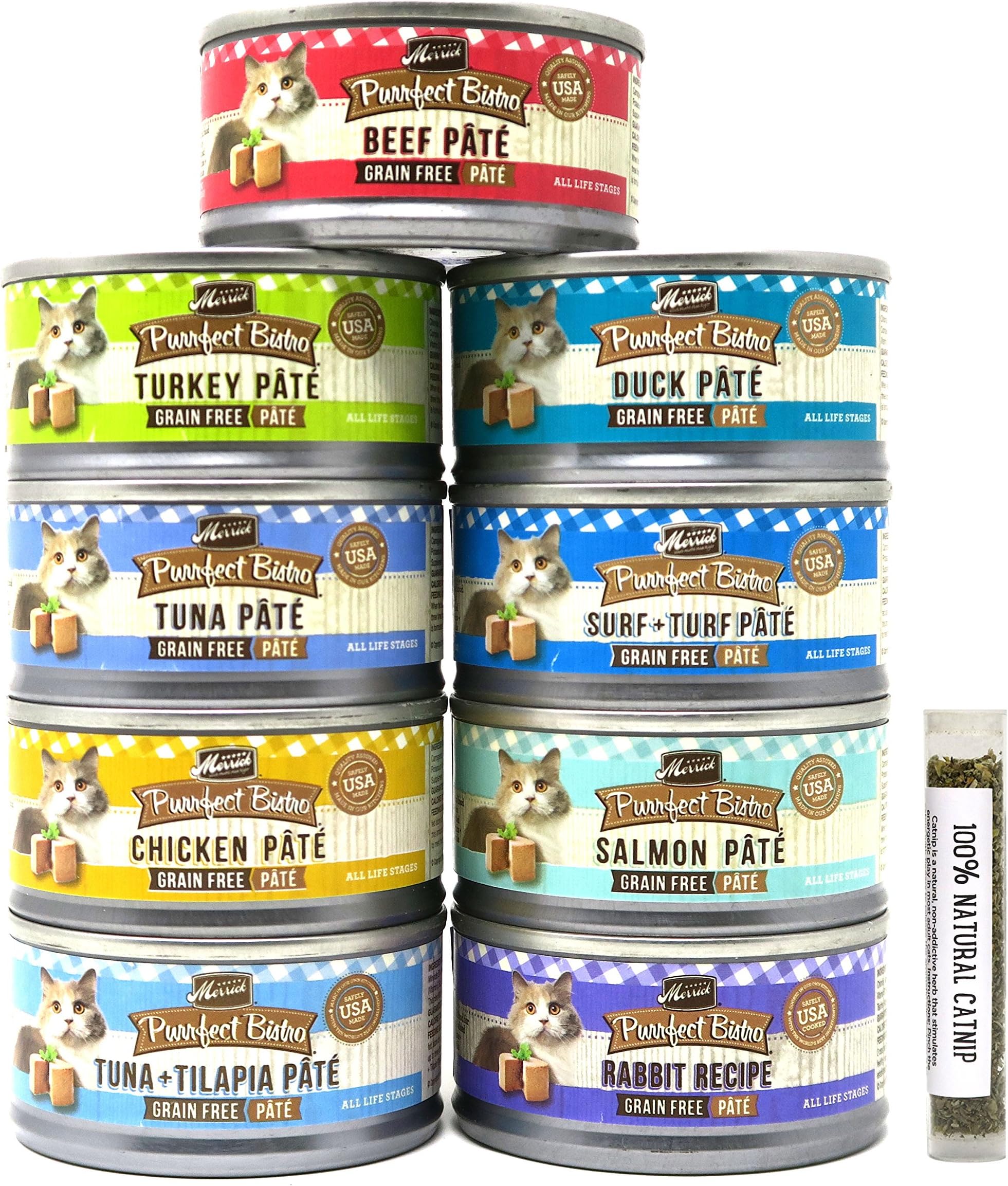 Merrick Purrfect Bistro Pate Canned Cat Food Variety Pack - 9 Flavors (Chicken, Duck, Tuna, Salmon, Rabbit, Tuna & Tilapia, Beef, Turkey, Surf + Turf) - 3 Ounces Each (18 Total Cans)