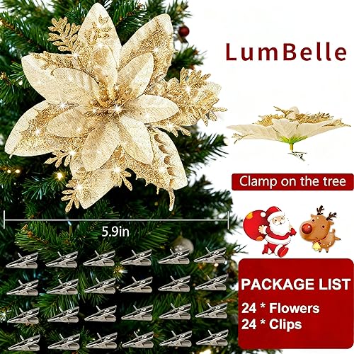Miniatura 7 de 24 flores de Pascua artificiales de Navidad, flores artificiales de Navidad con purpurina de 5.9 pulgadas con clips para árbol de Navidad, corona,