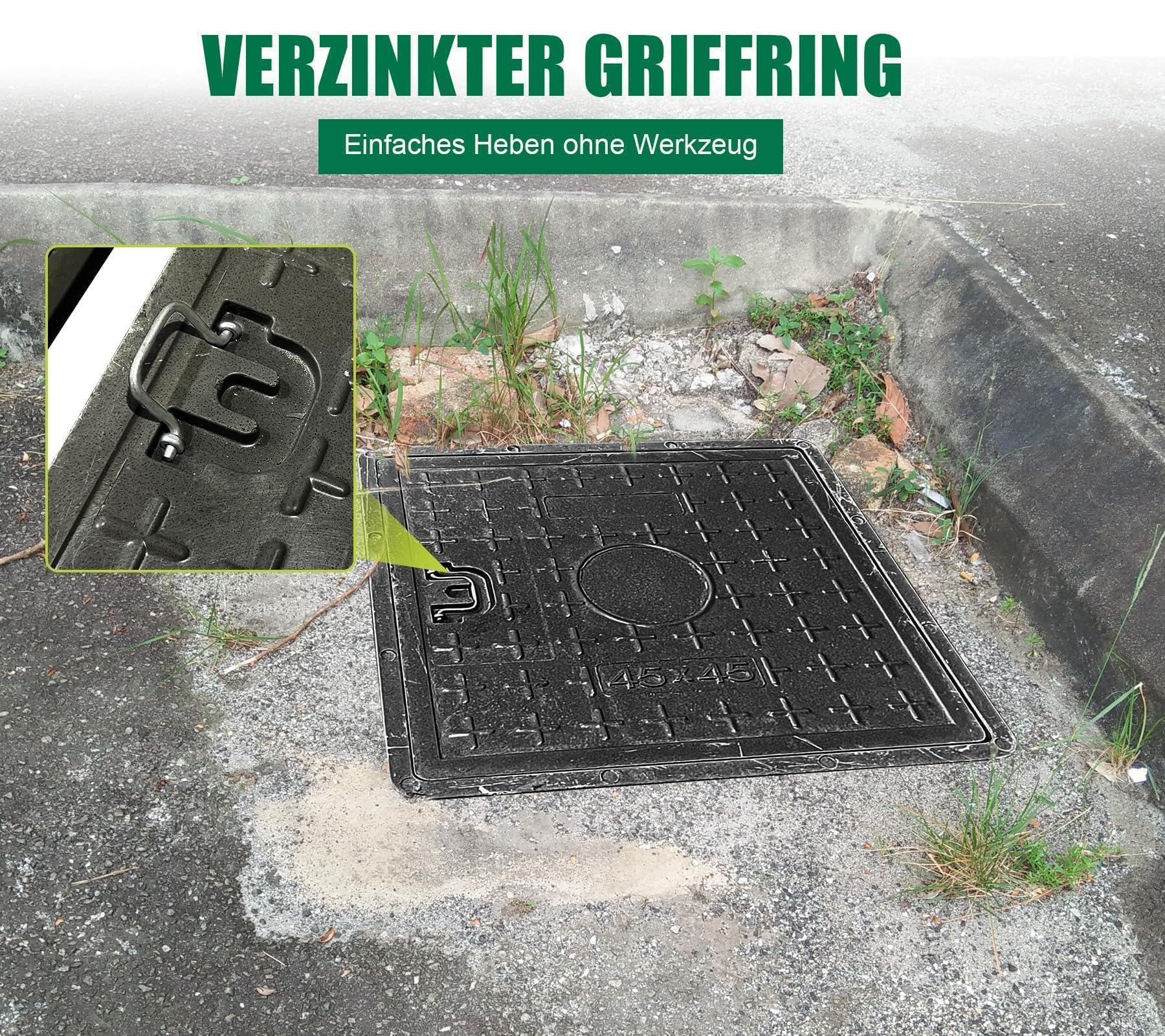 Tapa de pozo de fibra de vidrio con marco, asa 450x450 mm, A15, tapa de alcantarilla, tapa de pozo, conducto de inspección para acera, jardín, área verde, resistente a UV, resistente a las