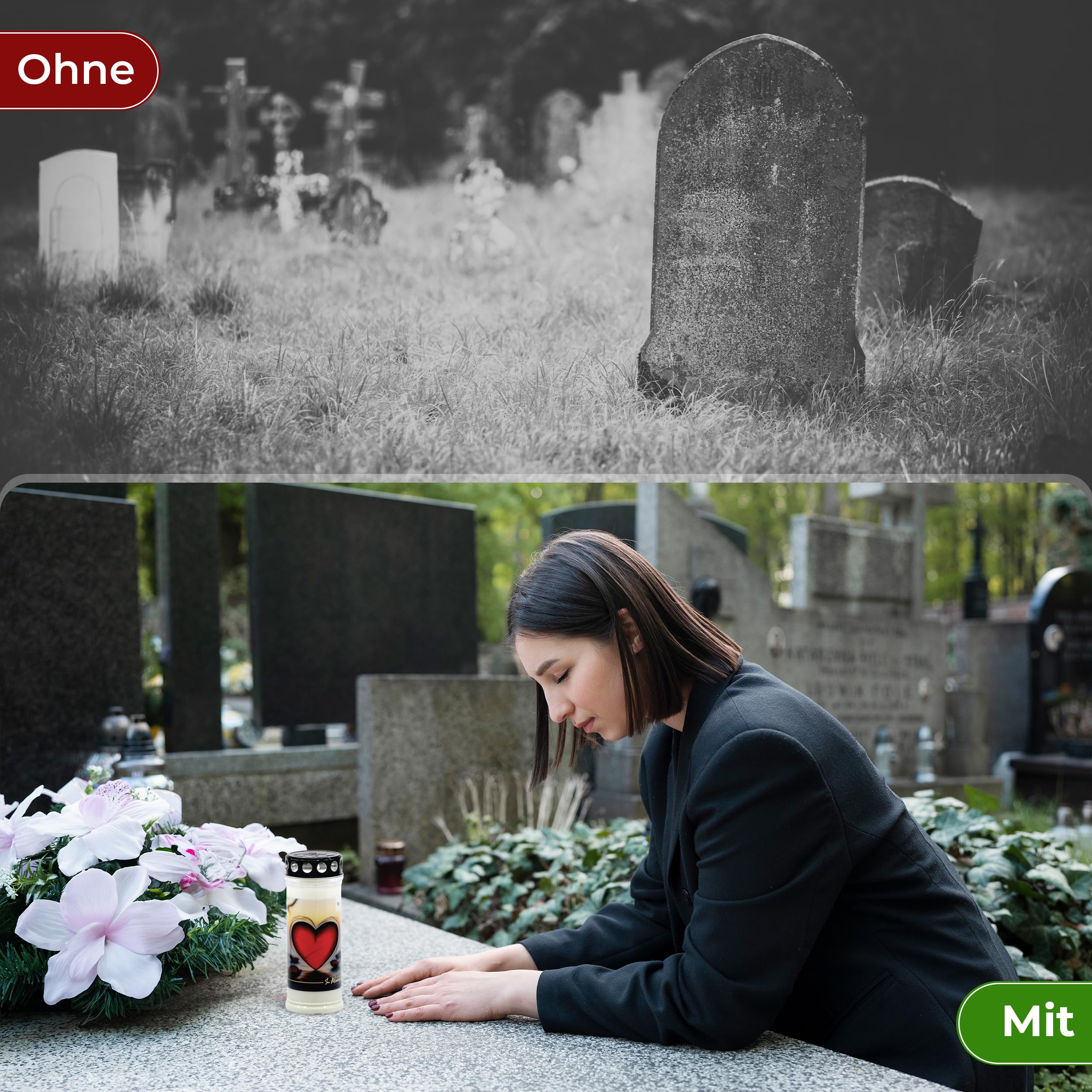 12er Set EMILAS GRABKERZEN 7 Tage Brenndauer – Trauerkerzen für ein stilvolles Grabdeko – Grabschmuck mit 5 Motiven – Grablichter mit Deckel – Friedhofskerze für Ruhestätten
