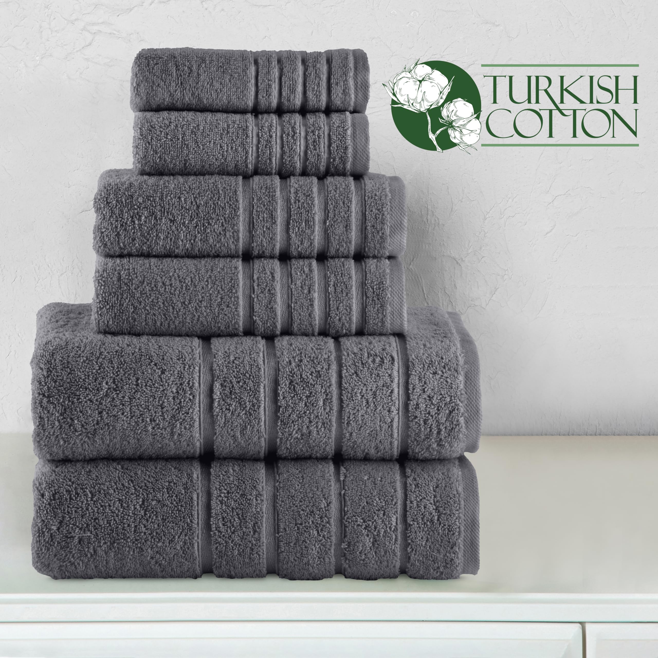Elegant Comfort Juego de 6 Toallas de 4 líneas de Viscosa a Rayas, Toallas de baño de Lujo 100% algodón Turco de Alta absorción, Incluye 2 paños, 2 Toallas de Mano y 2 Toallas de baño, Color Gris