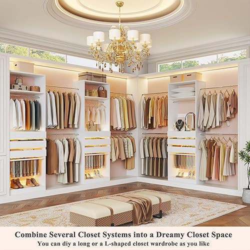 Miniatura 4 de Sistema de armario, organizador de armario de 4 a 8 pies con 3 cajones de madera y parte superior de cristal, armario de 102 pulgadas con 5 varillas