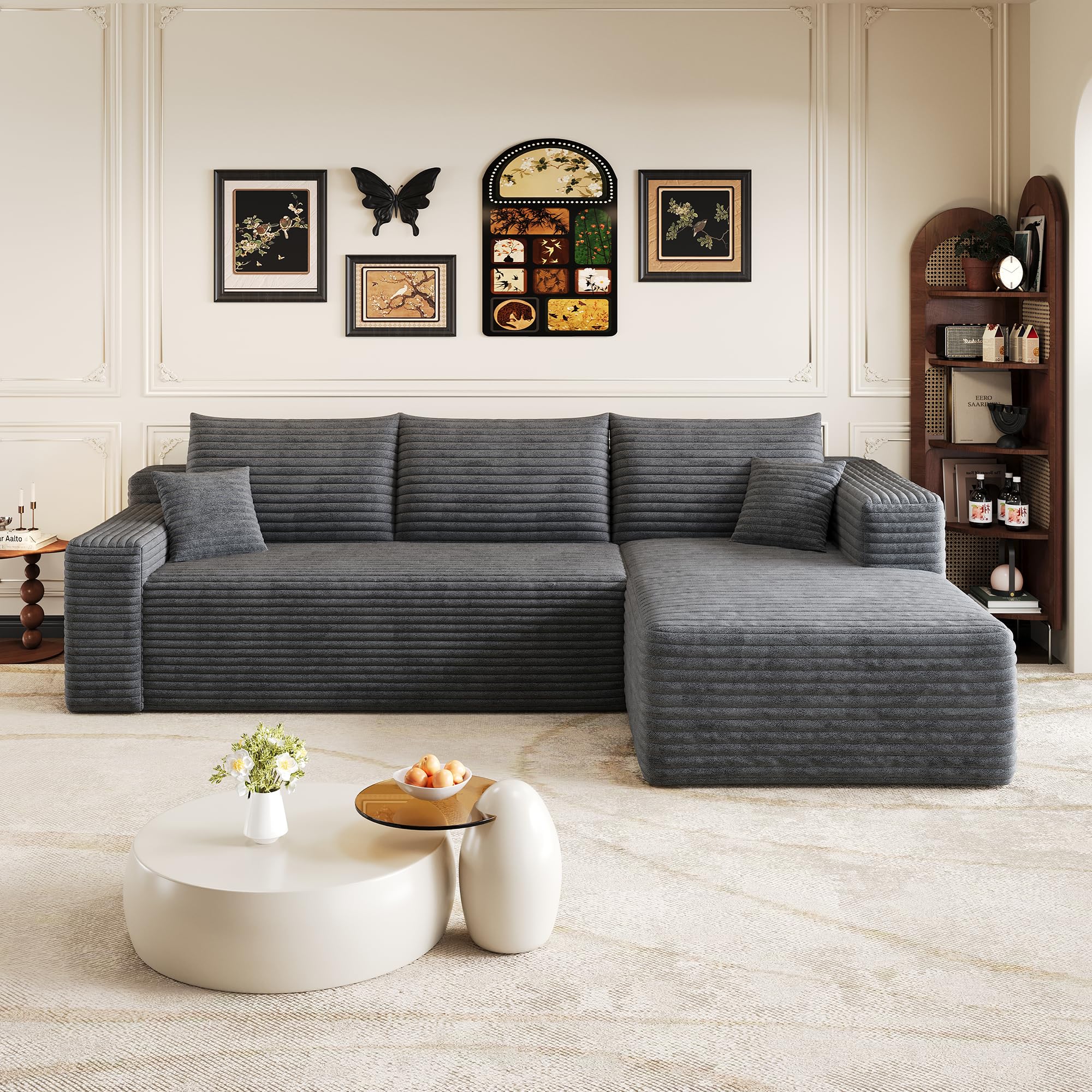 Sofá de esquina convertible, 239 cm, sofá comprimido con chaise longue en forma de L, sofá de esquina modular acolchado con asiento profundo para sala de estar (gris, ángulo derecho)