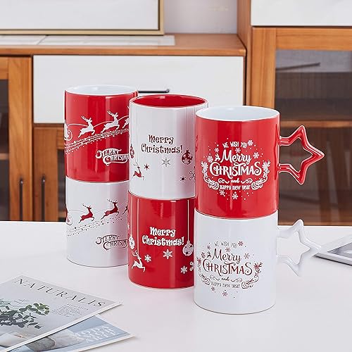 Miniatura 8 de Bruntmor Juego de 6 tazas de café divertidas de Navidad rojas y blancas con mango de estrella, tazas de Navidad de gran tamaño de 14 onzas, tazas de