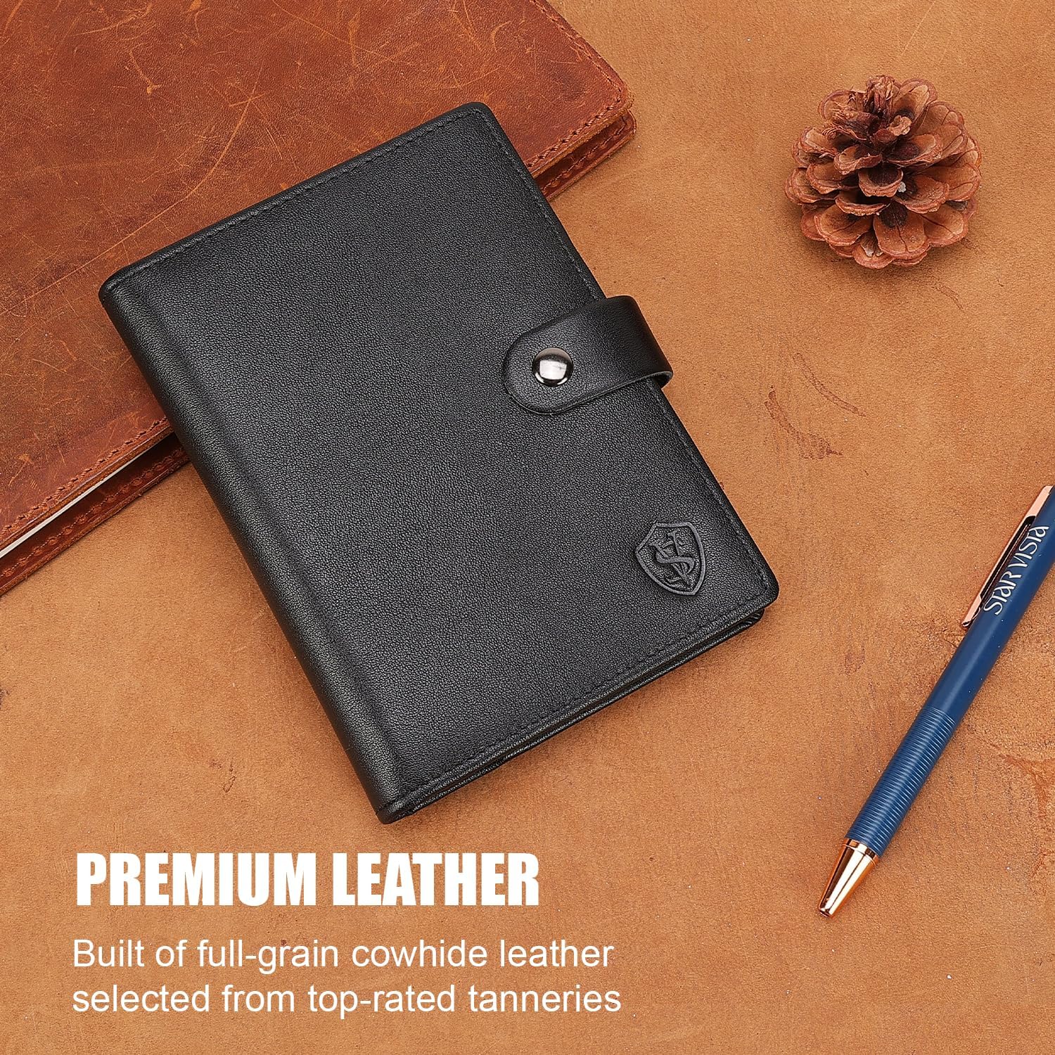 STAR VISTA Cosimo Leather Passport Holder for Exquisite Voyagers or Pilots, Transparent Windows for Travel Document & Dual IDs, RFID Blocking, 2 Passports, 2 IDs, 8 Cards, AirTag Slots, Black