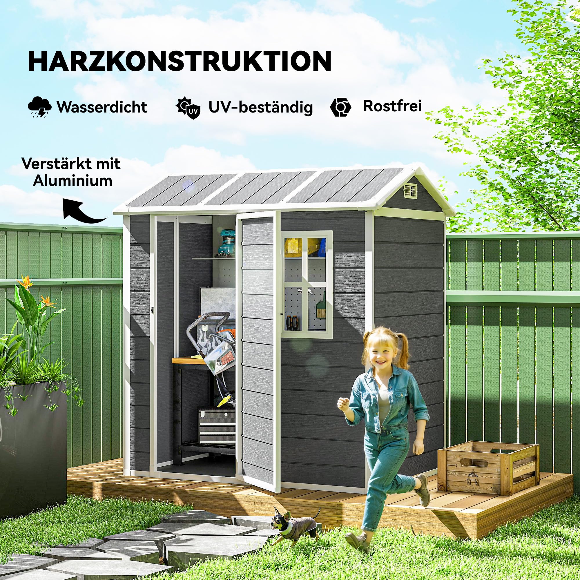 Outsunny Domek na narzędzia z tworzywa sztucznego, 2,1 m², 186 x 130 x 199 cm, szopa na narzędzia z dachem dwuspadowym, podłogą, oknem, zamykanymi drzwiami, odporna na warunki atmosferyczne, domek