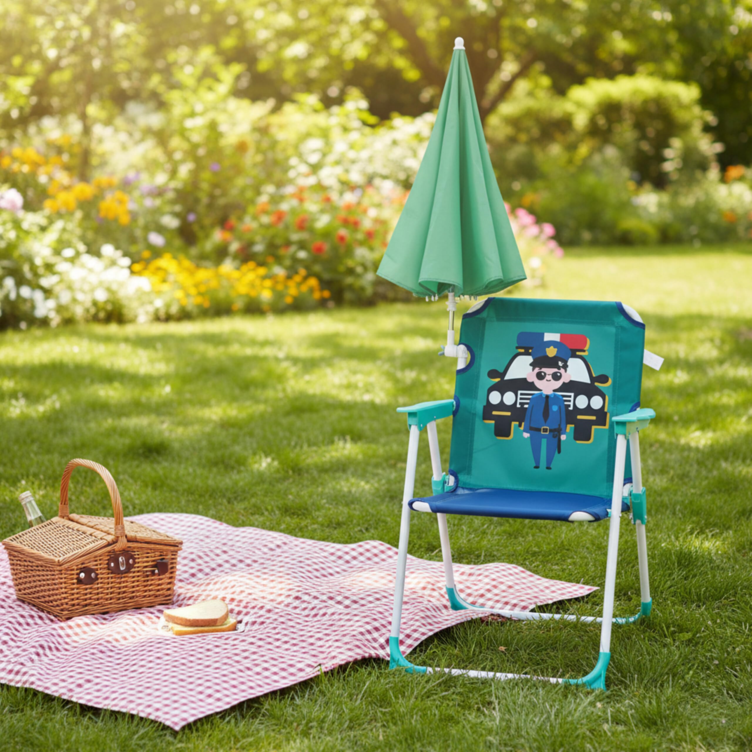 Relaxdays Silla Infantil Plegable con sombrilla, Camping/Picnic, 51,5x36x37,5 cm, policía, Multicolor
