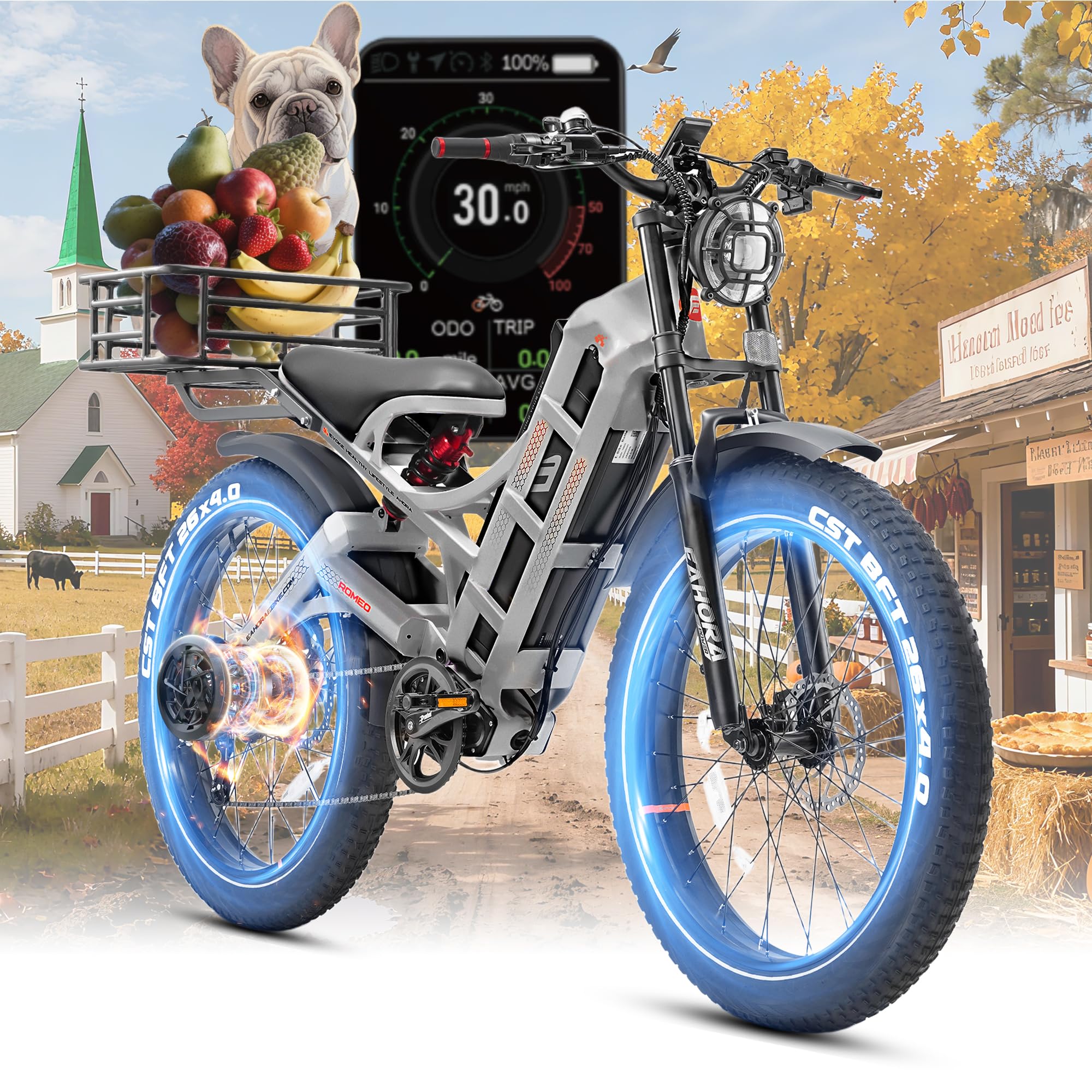 eAhora Romeo Pro 3/2 [2025] 46-50 Mph Electric Bike for Adults, Peak 5600W Dual Motor Ebike, 60V/52V 80Ah/70Ah 250 Miles Long Range E Bike, 26”*4.0 Fat Tire Air Full Suspension Off-Road E-Bike