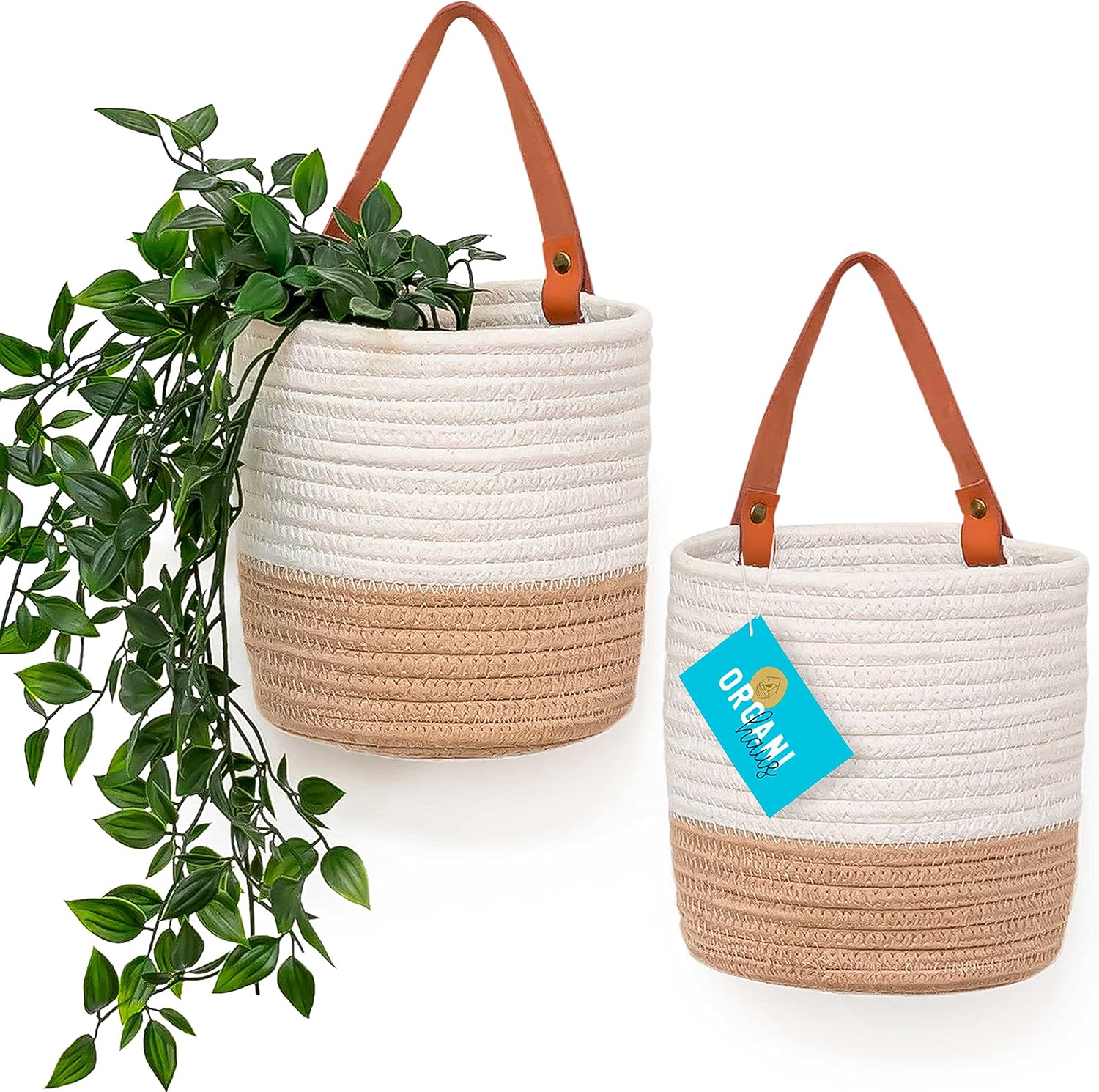 OrganiHaus Hanging Baskets for Organizing | Set of 2 Wall Basket for Decor | Wall Plant Basket | Hanging Wall Basket for Boho Bathroom Decor | Wall Baskets for Storage | Boho Wall Decor - Honey (7x6)