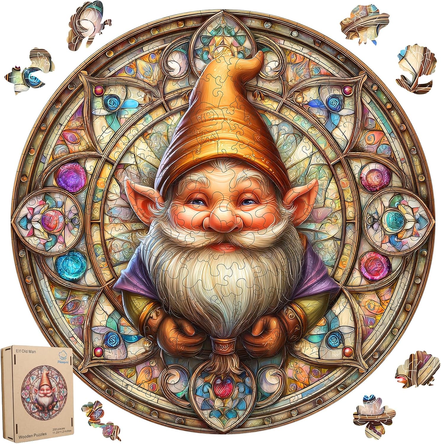 Pikoqunc Gnome Wooden Puzzle for Adults, Families & Friends – 500 Piece Round Wood Jigsaw with Unique Shapes, Perfect for Relaxation, Joy & Cozy Home Décor (16.5")
