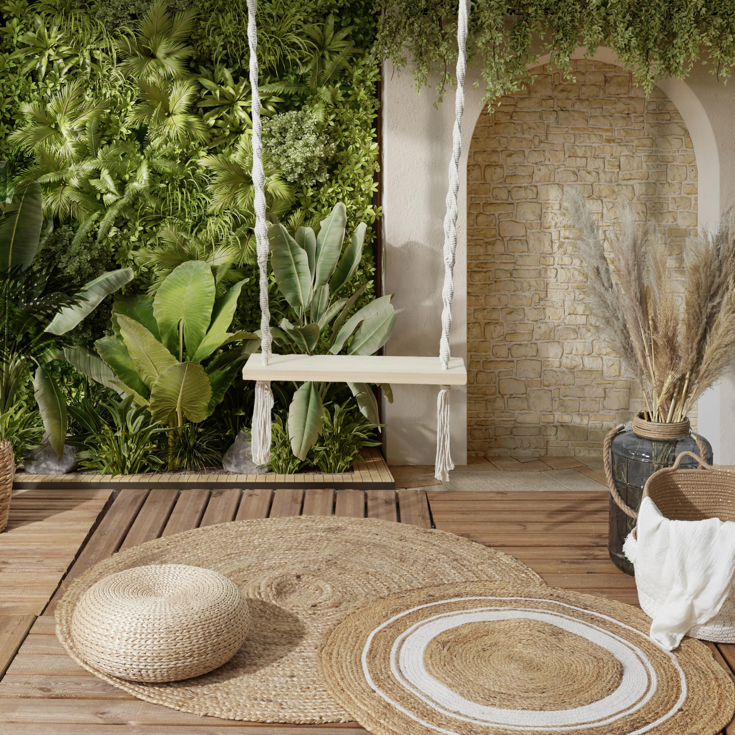 HOME DECO FACTORY, HDO0129, Altalena in legno macramè, sedia sospesa per esterni, mobili, mobili da giardino, seduta per esterni, 60 x 150 x 20 cm, Bianco