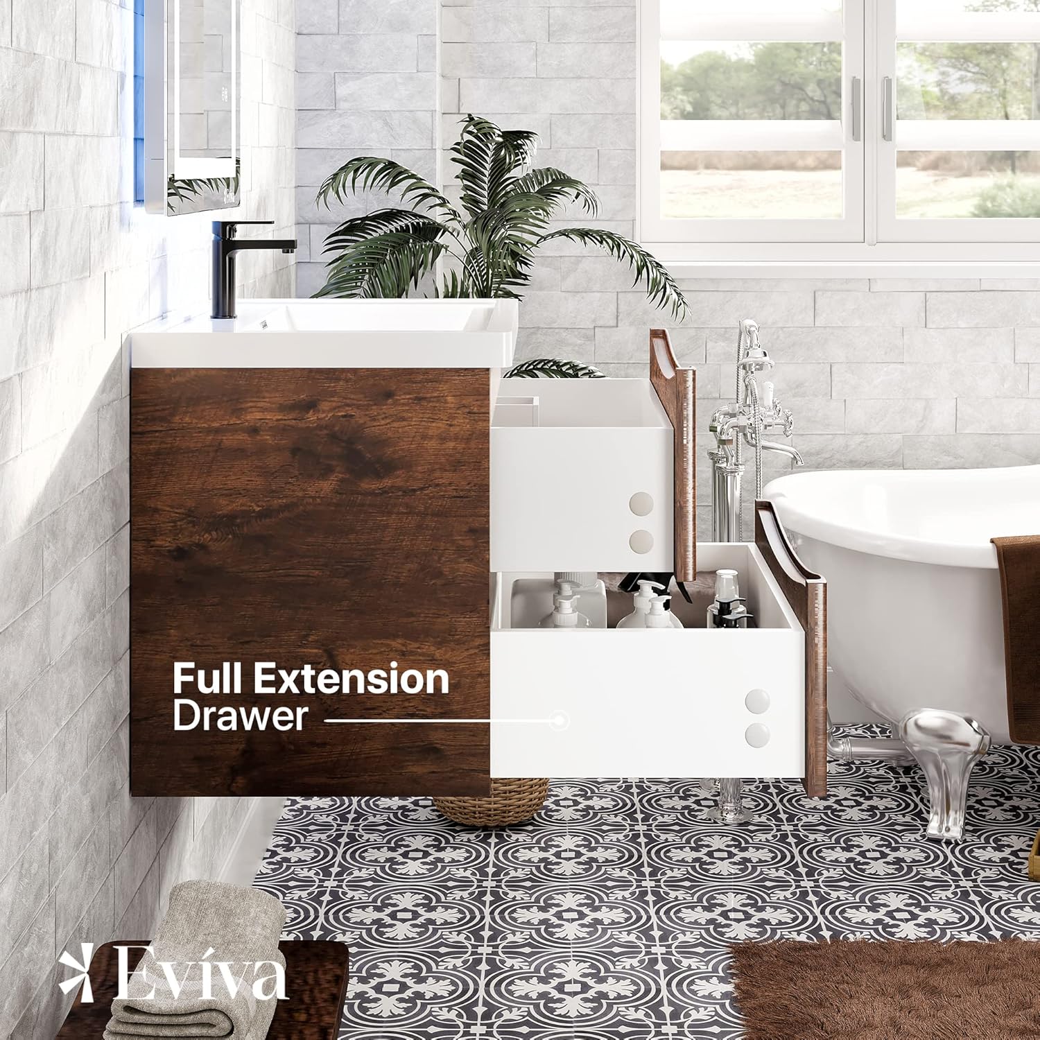 Eviva Small Bathroom Vanity with Sink - Wall Mounted Single Sink Bathroom Vanity with Top - Wood Bathroom Sink Cabinet -24Inch Vanity with Sink - Rosewood.