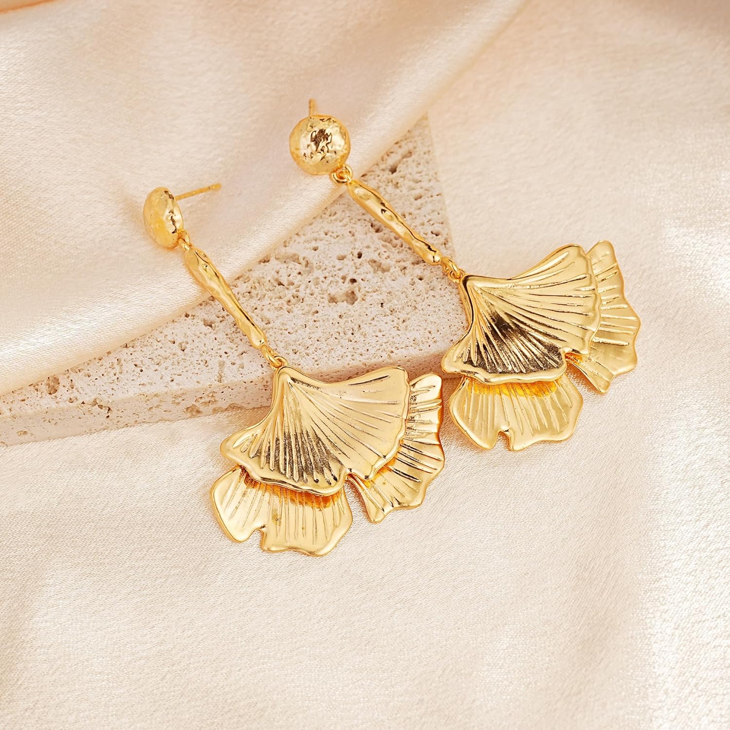 Sylph Large Gold Earrings for Women, Chunky Gold Statement Drop Dangle Earring Maple Leave Ginko Leaf Jewelry Gifts