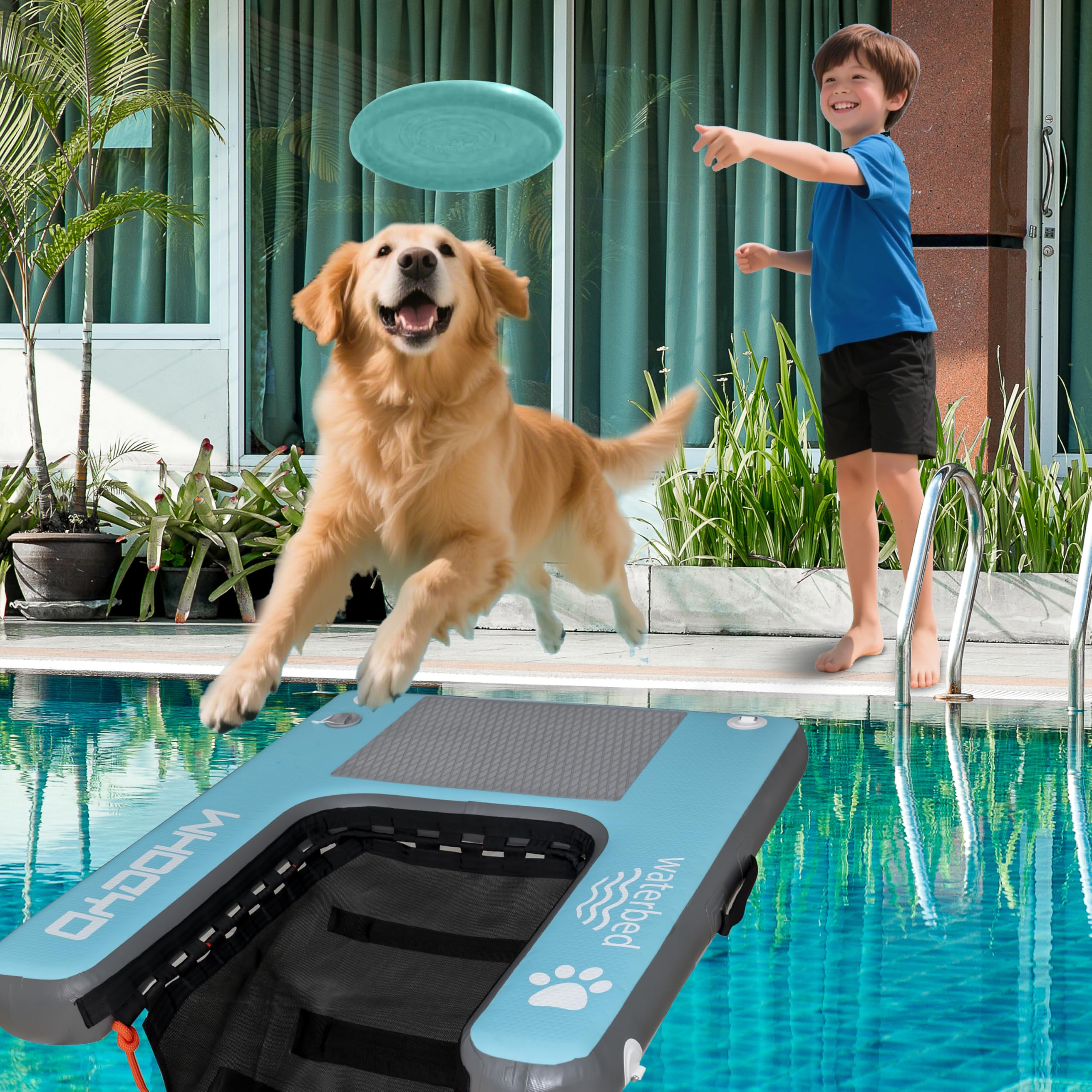 Scaletta gonfiabile per cani con rampa galleggiante per piscine, barche, banchine, cani, scaletta per animali domestici, fino a 90,7 kg, per uso umano, frisbee