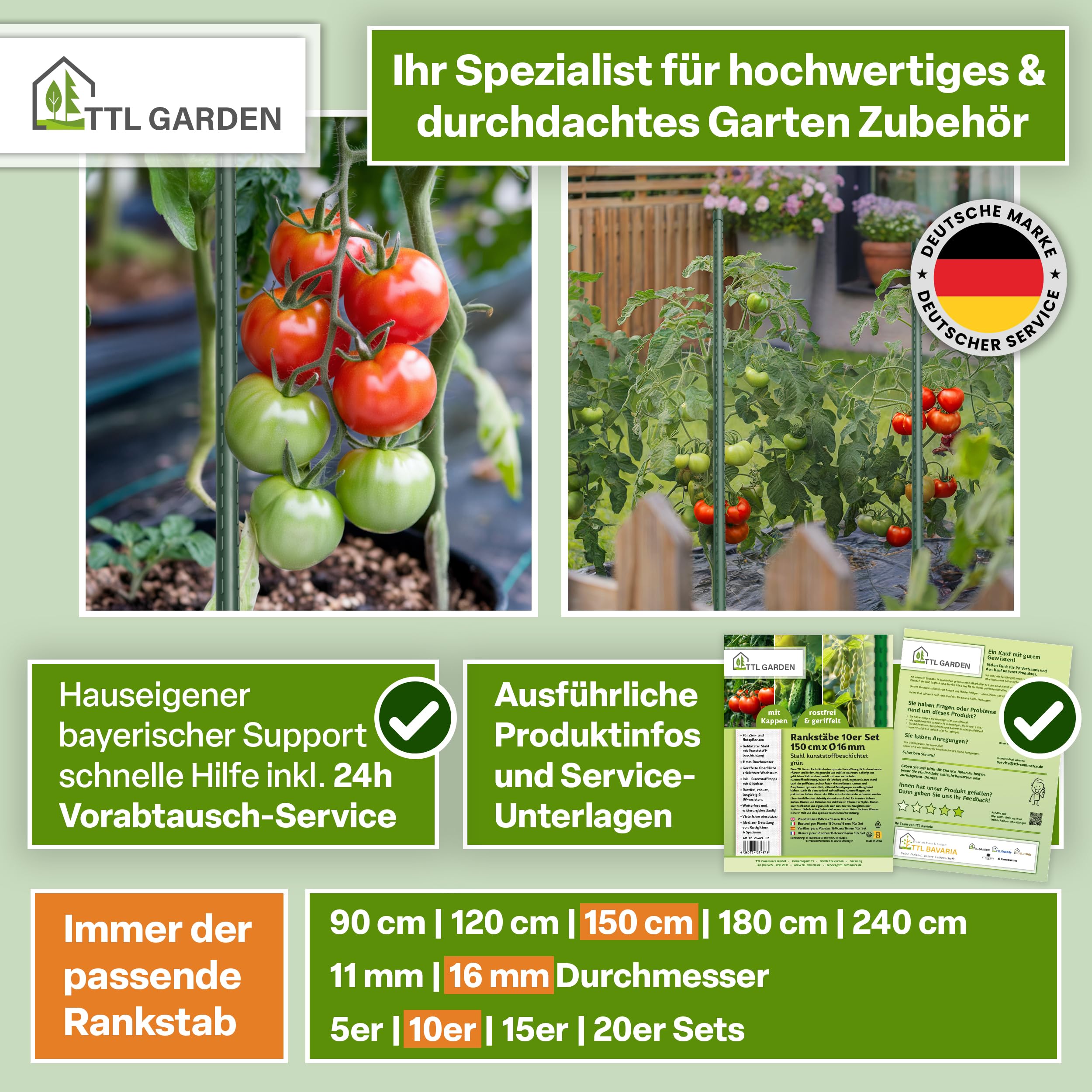 TTL GARDEN Rankstäbe 10er Set 150cm x 16mm Ø grün - extra stabile 16 mm Rankhilfe Pflanzstäbe + Klettband - Stahl rostfrei kunststoffbeschichtet Pflanzenstütze Blumenstütze Tomaten Paprika & Blumen