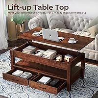 Vista 4 de Mesa Auxiliar, Mesa de Centro con Cajones y Compartimento Oculto, Mesa Central Retro con Tablero de Elevación de Madera, para Sala de Estar Espresso