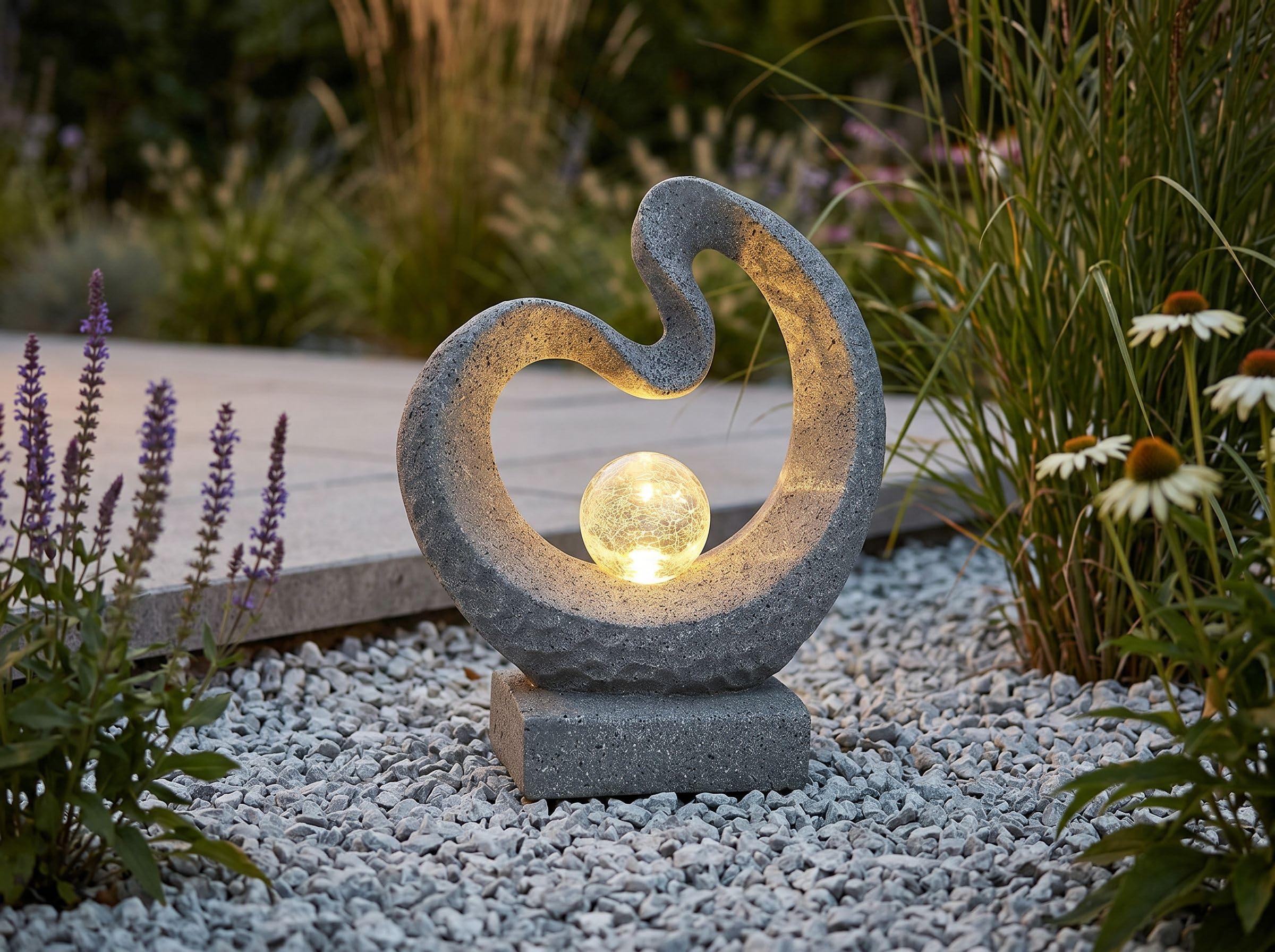 Arnusa Scultura a luce solare aspetto granito lampada solare moderna 33,5 x 39 cm statua da giardino con sfera di vetro illuminazione da giardino bianco caldo decorazione da giardino