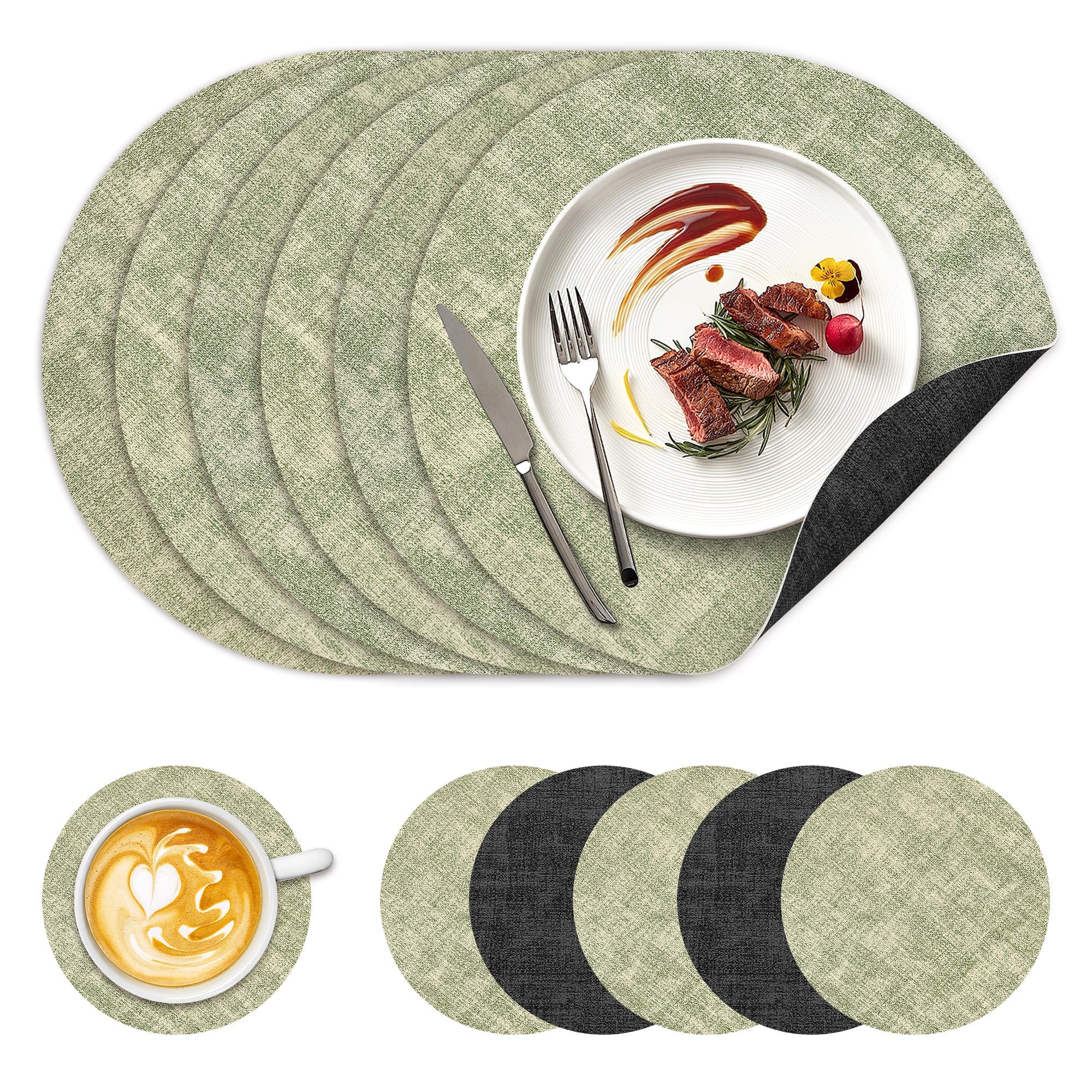 NCUE 13" Faux Leather Round Placemats Set of 6, Reversible Dual-Color