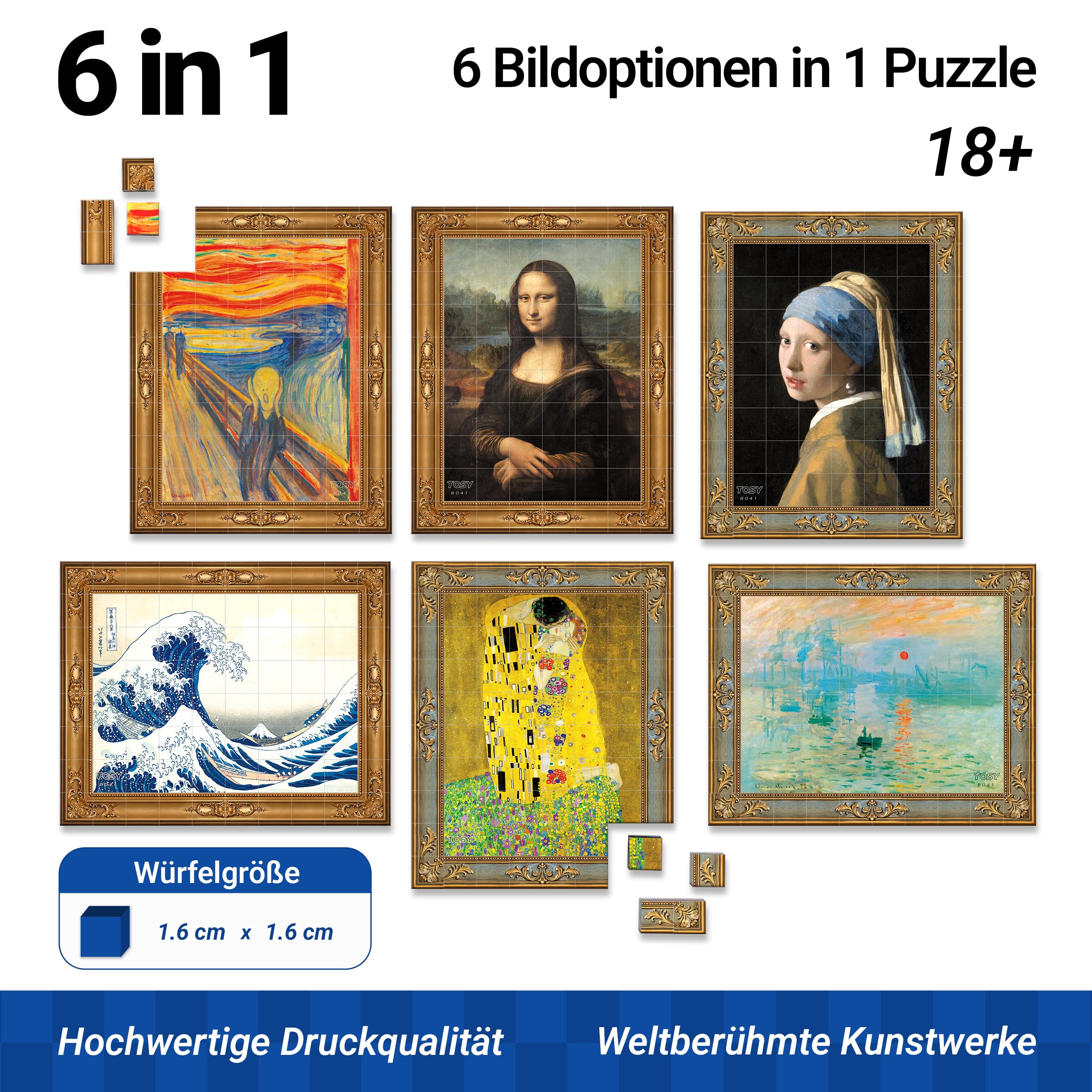 TOSY Picture Cube Iconic Masterpieces: 6-in-1 magnetisches Bilderpuzzle, 80 Blöcke, 488 Flächen/Magnete, 0,6 Zoll, B041, Nahtlose UV-Kunst, Display-Rahmen, Sammelstück, STEM/STEAM Geschenk