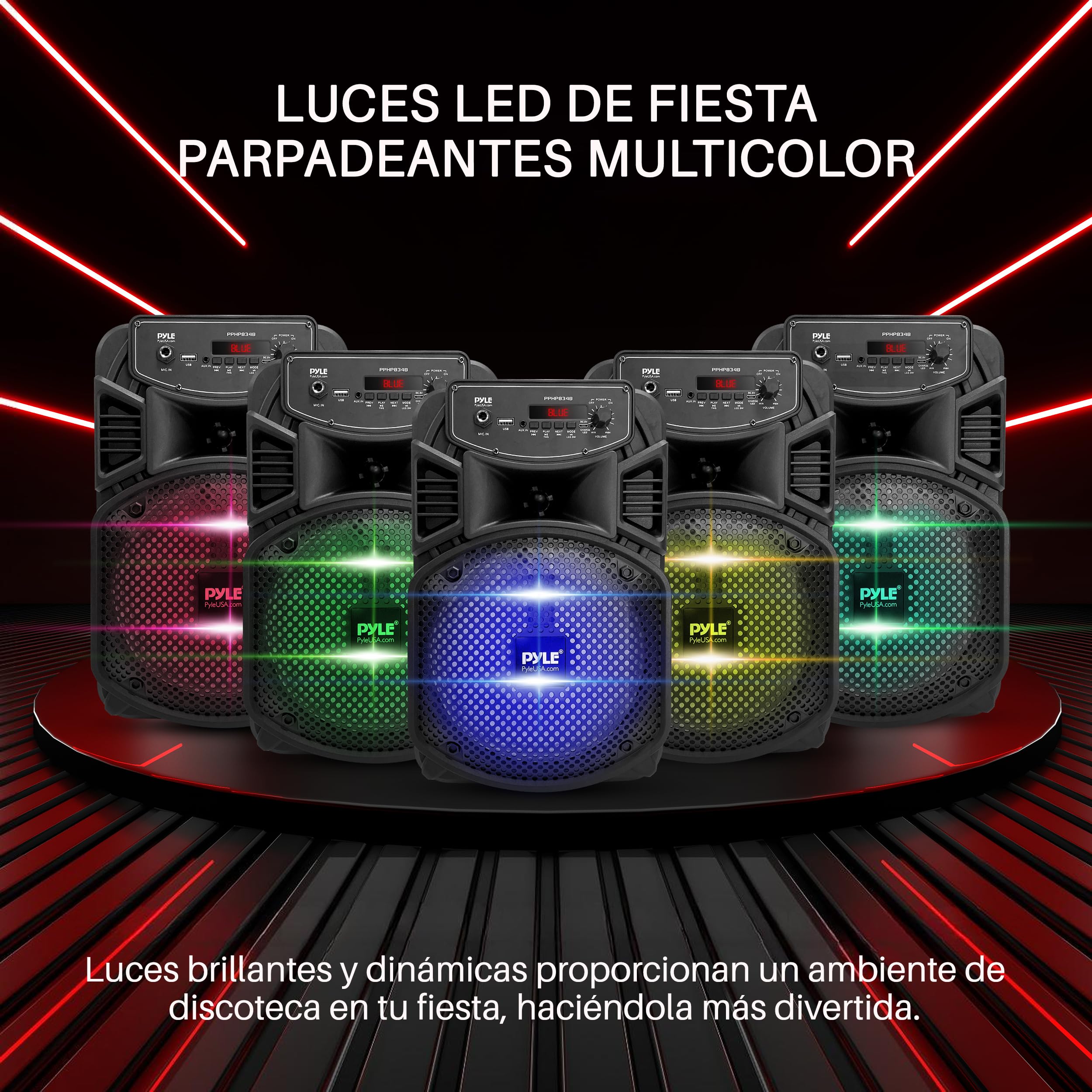 Pyle Sistema de Altavoces, PA, 300W, Bluetooth, portatil, Recargable, Exteriores, subwoofer de 8”, Tweeter de 1”, función de grabación, micrófono, Luces de Fiesta, Radio USB/SD, Color Negro