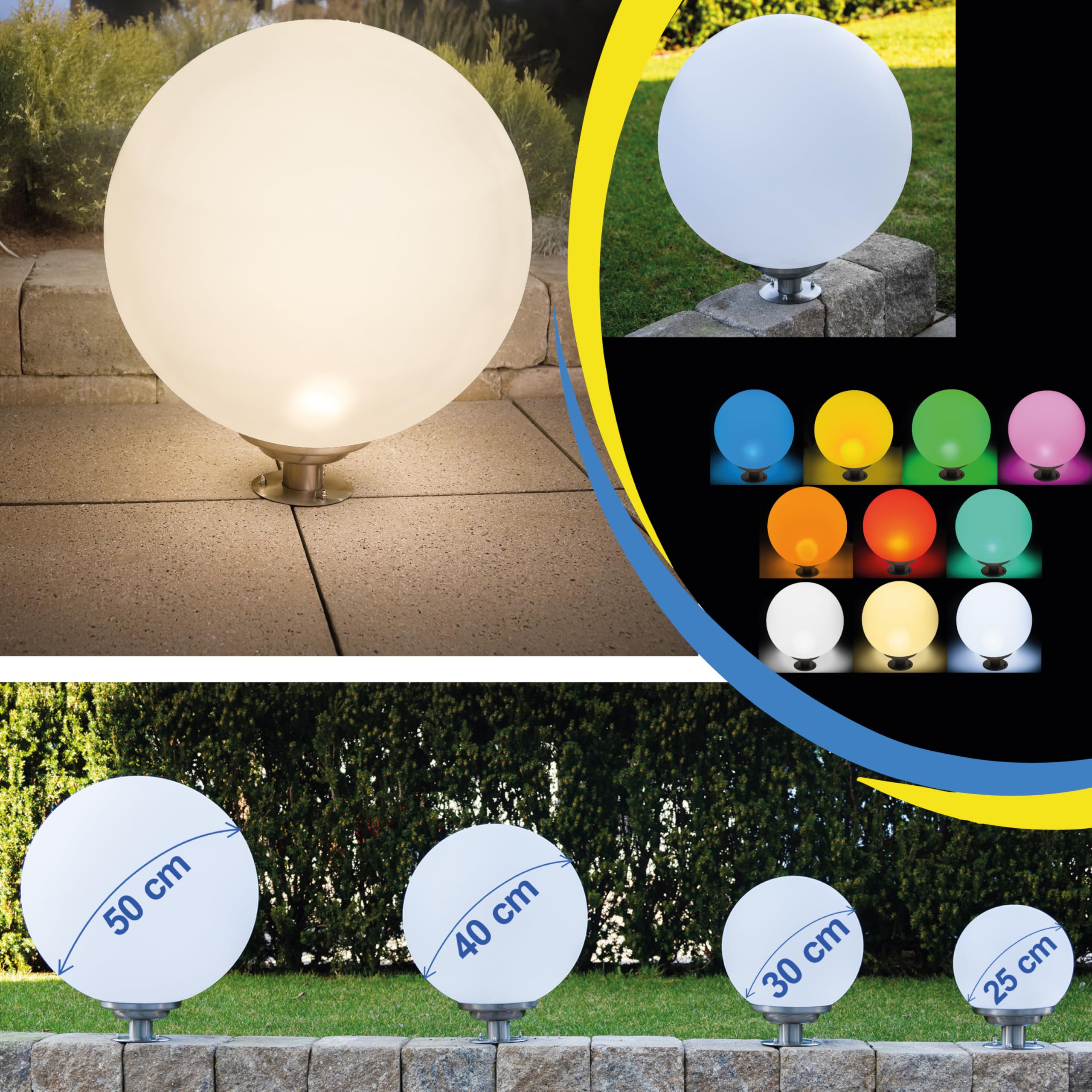 Esotec Solar Leuchtkugel Liana 50 CCT, multicolor, Fernbedienung, Edelstahl Standfuß, Li-Ion Akku, RGB LED Gartenkugel, Solarkugel, IP44, wetterfest, winterfest, außen, D=50cm, 102665