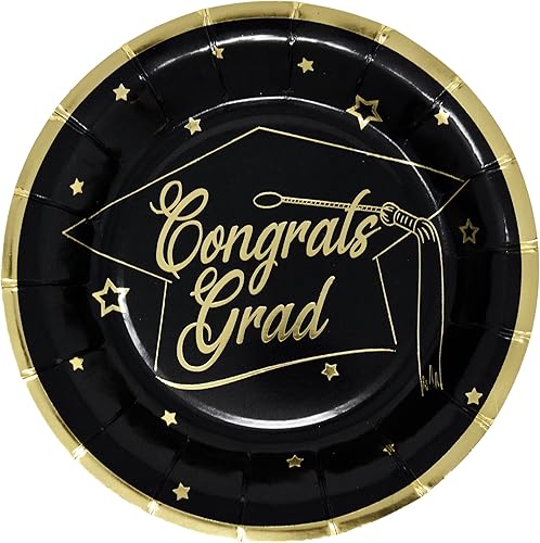 Miniatura 3 de Platos y servilletas de graduación de clase de 2023 para 50 invitados, juego de vajilla de papel desechable en lámina negra y dorada para