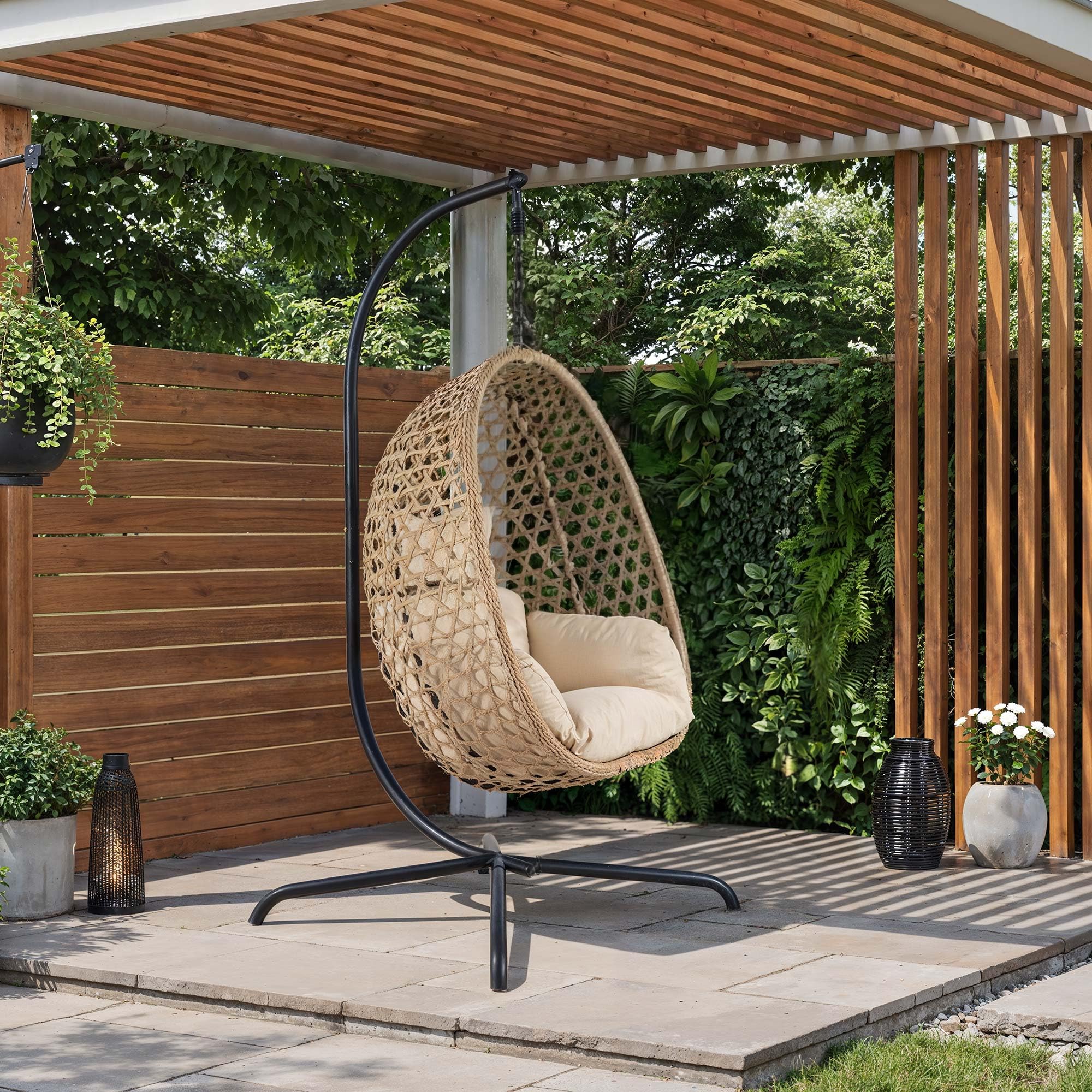di volio Hängesessel mit Gestell PE-Rattan klappbar wetterfest Outdoor Somi | 15 cm Sitzkissen, verzinkter Stahlrahmen, Olefin-Seil, klappbar, wetterbeständig, bis 120 kg belastbar, abnehmbarer Bezug
