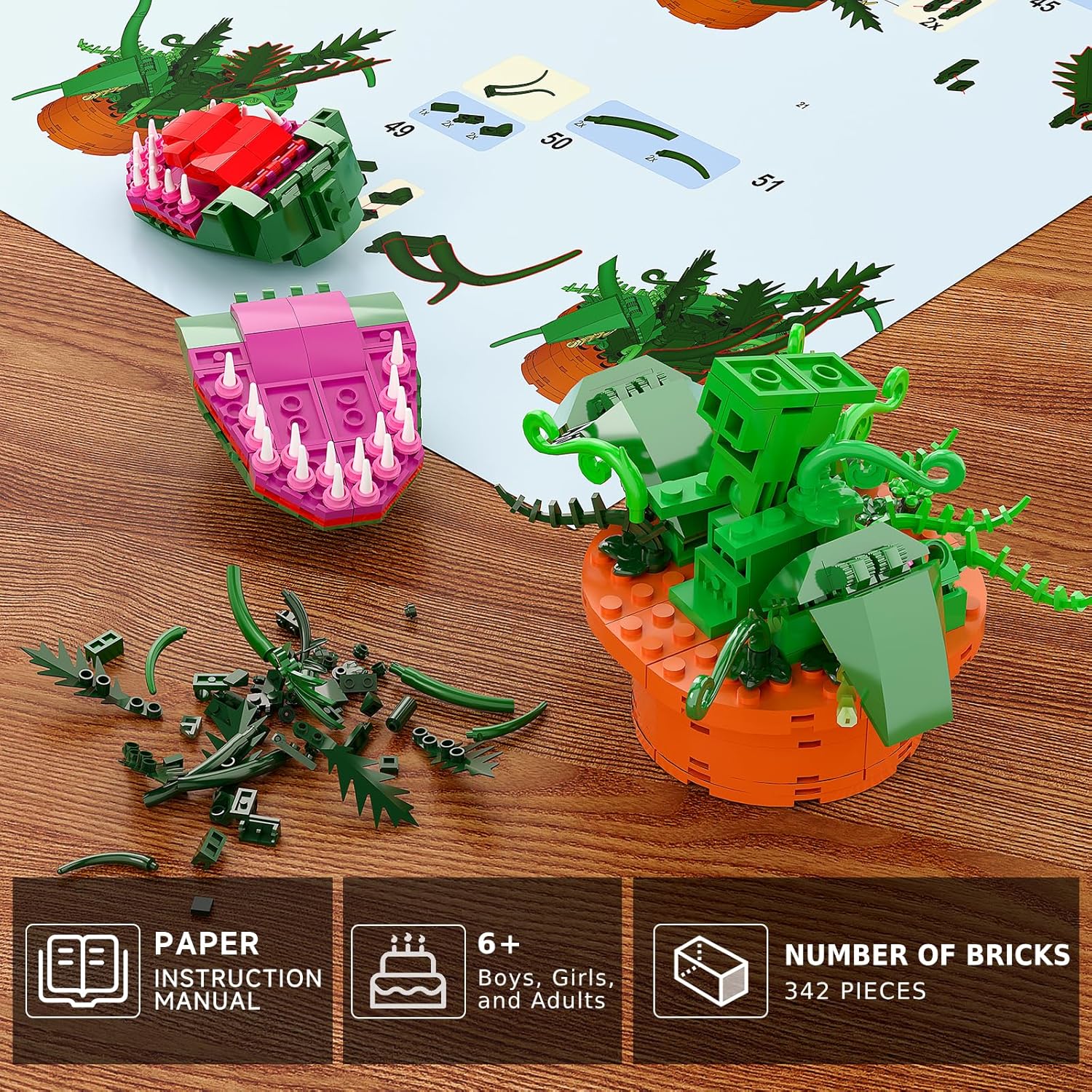 Audrey 2 Cannibal Flower Building Block Set, Little Shop of Horrors Piranha Plant with Openable Mouth Toy Collection, Gift Birthday, Christmas, Holiday, for TV Fans, Kids 6+, (342 PCS)