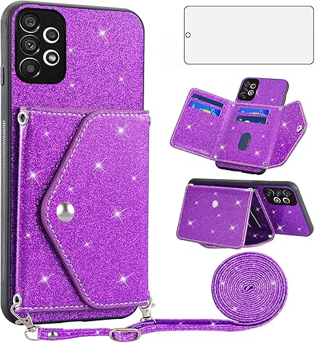 Asuwish Funda de teléfono para Samsung Galaxy A73 5G, funda tipo cartera con protector de pantalla de vidrio templado y correa cruzada, cordón para