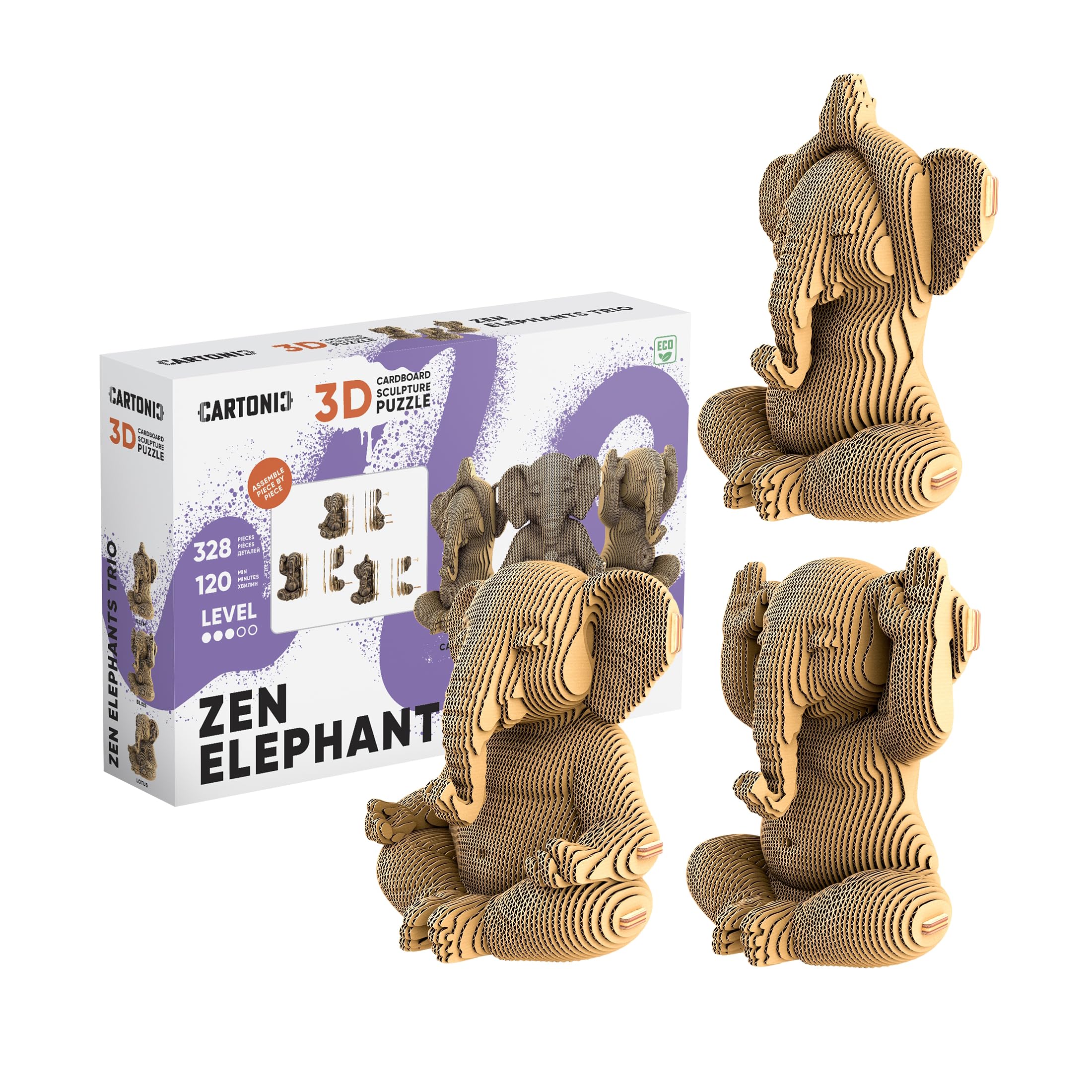 Zen-Elefanten Trio 3D-Puzzle aus Karton – Bausatz 3 Modelle