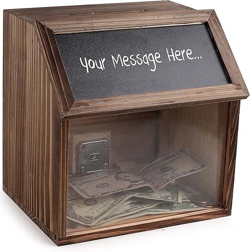 Burnt Wood Sugerencia y comentario Urna Caja de colección de donaciones benéficas Encimera de madera Tarro de punta de registro Tarro con pizarra