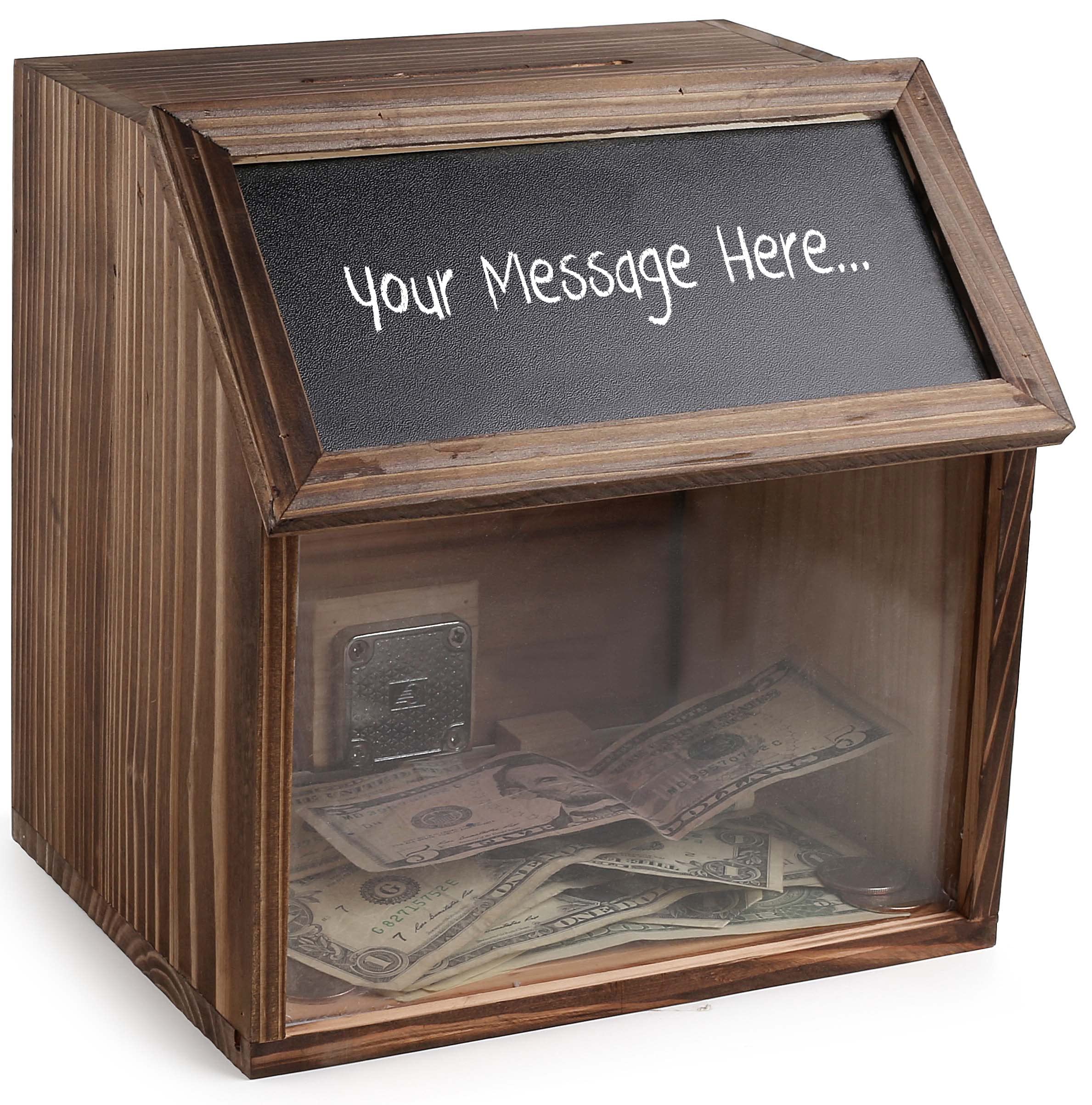 Burnt Wood Suggestion and comment Ballot Box Charity Donations Collection Box Wood countertop Register tip Jar with Black Chalkboard and wide slot, lock and set of keys