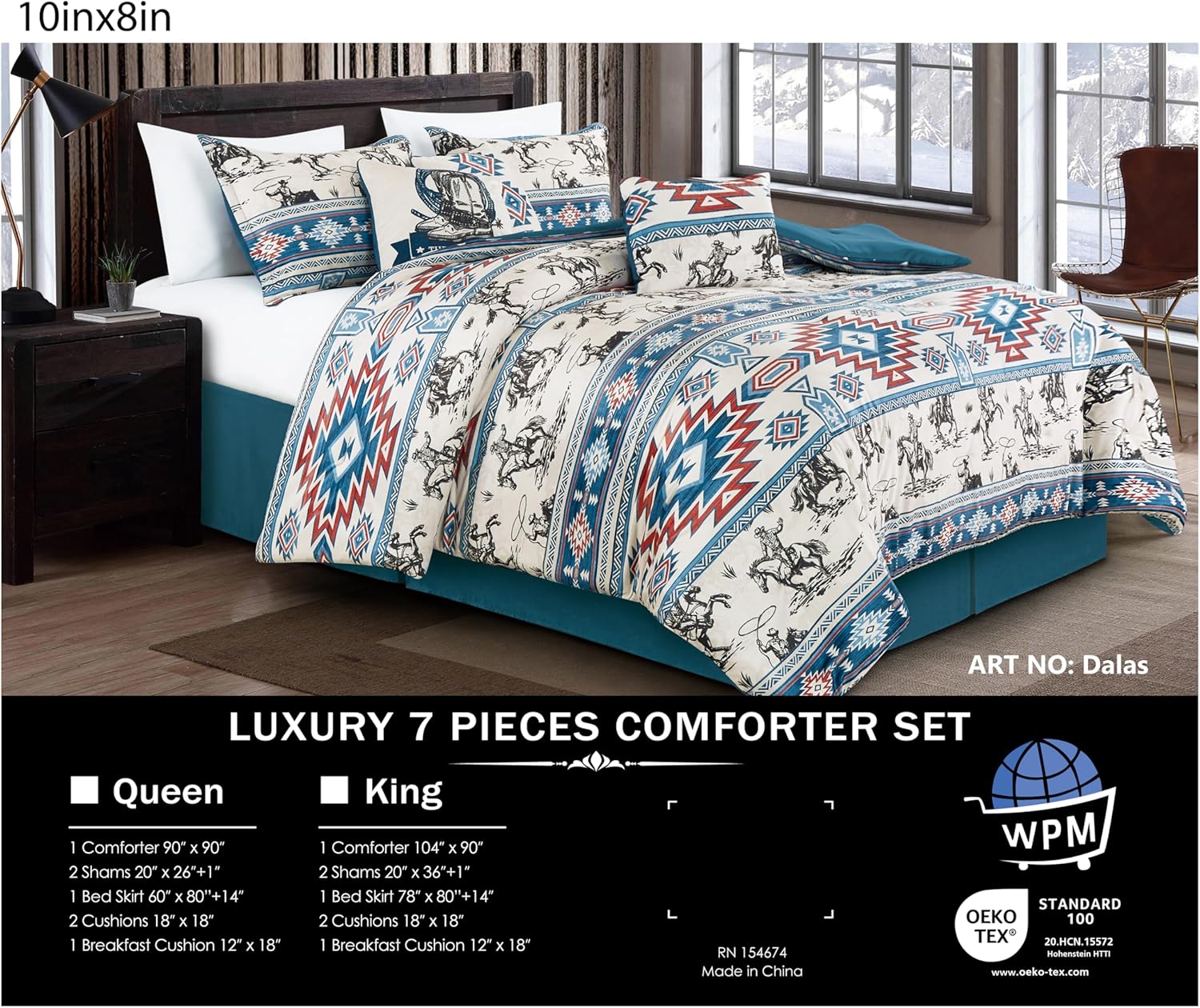 WPM WORLD PRODUCTS MART 7 Piece Western Cowboy Bedding Set, Southwestern Aztec Pattern Velvet Comforter, Ranch Farmhouse Style Teal and Red Horse Riding Design (Queen) - Image 7