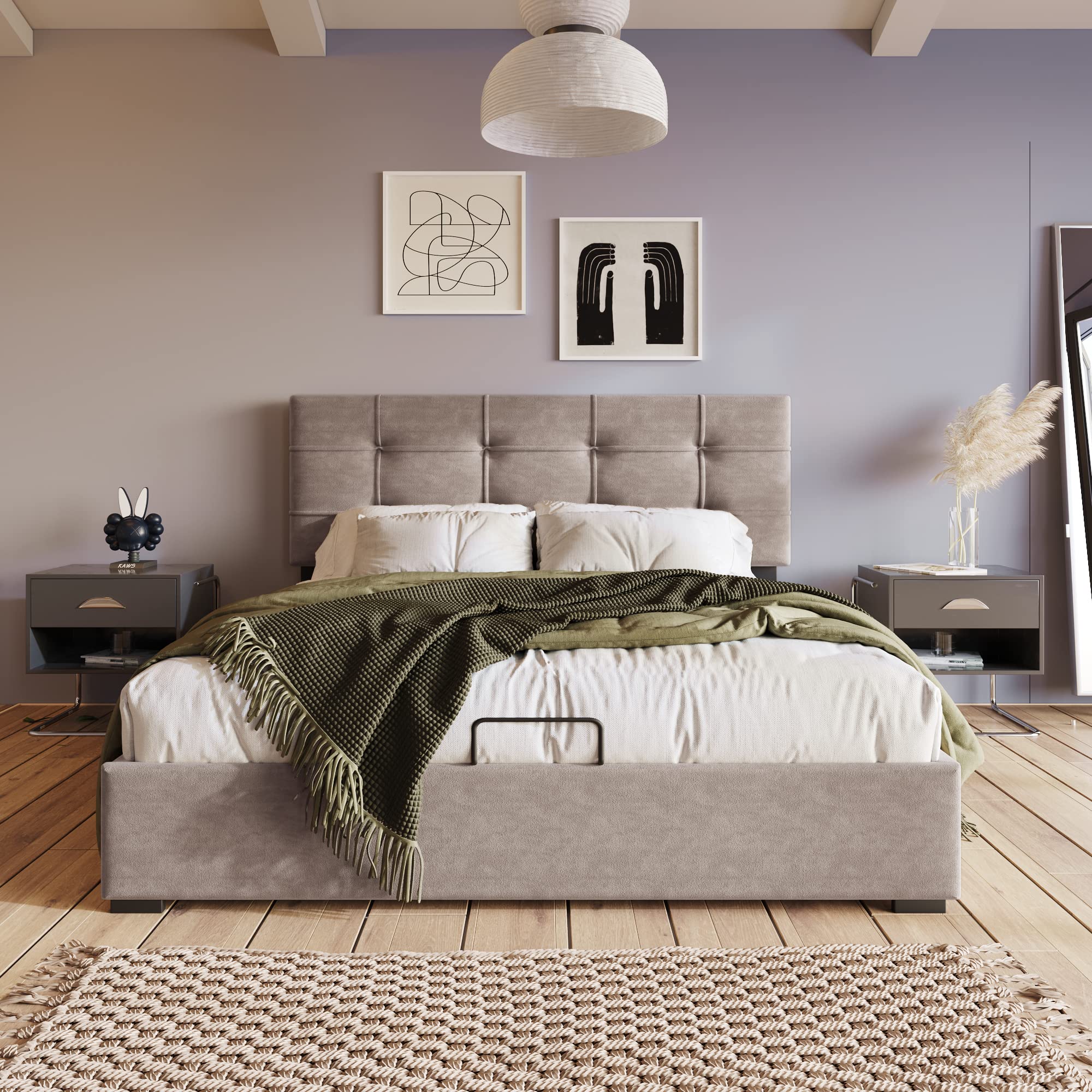 Wnvivi Gestoffeerd tweepersoonsbed 140x200 cm met LED, hydraulisch bed met opbergruimte en hoofdbord, opbergbed met metalen frame, bedlade en lattenbodem, jeugdbed fluweel, grijs, zonder matras