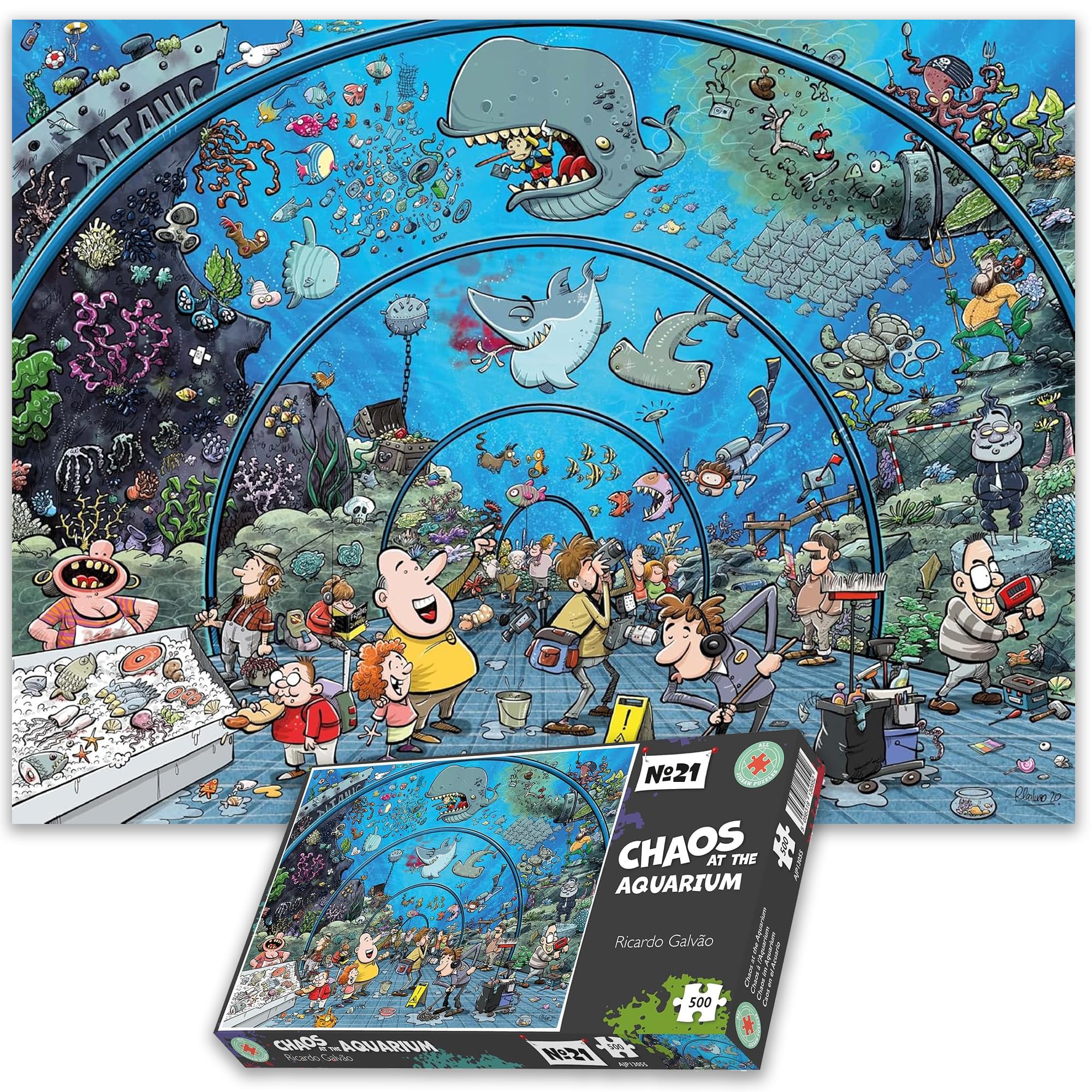 500 Piece Jigsaw Puzzles - Chaos At The Aquarium - For Adults, Teens, Kids | Made In The UK | Recycled Puzzleboard | Funny Cartoon Puzzles