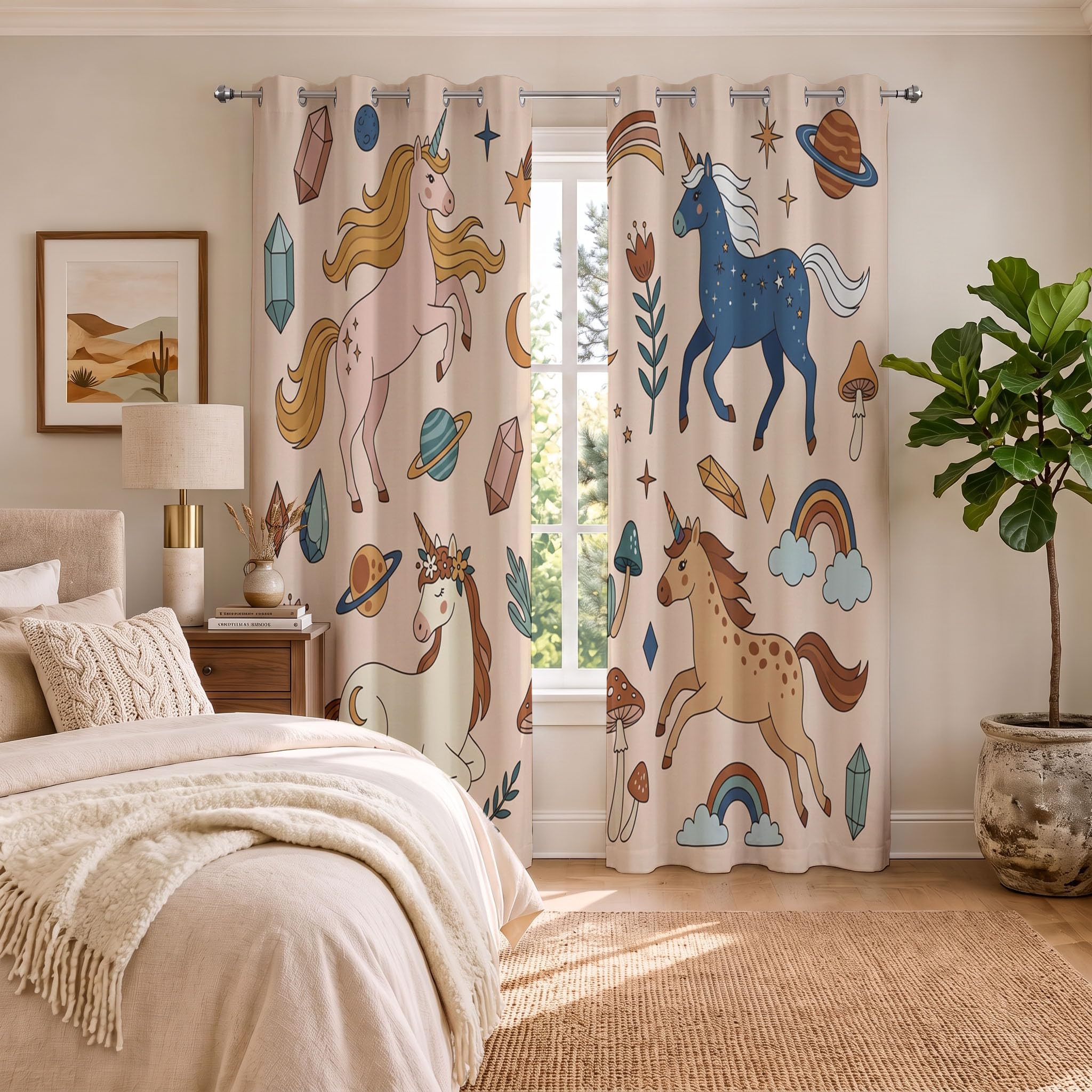 Style Dessin Animé Rideau Occultant - Licorne Rideau Thermique, Beige Marron Rideaux Chambre Salon Fenetre, Rideaux Draperies Intérieurs À Oeillets, L70×H160Cm (2 Panneaux)
