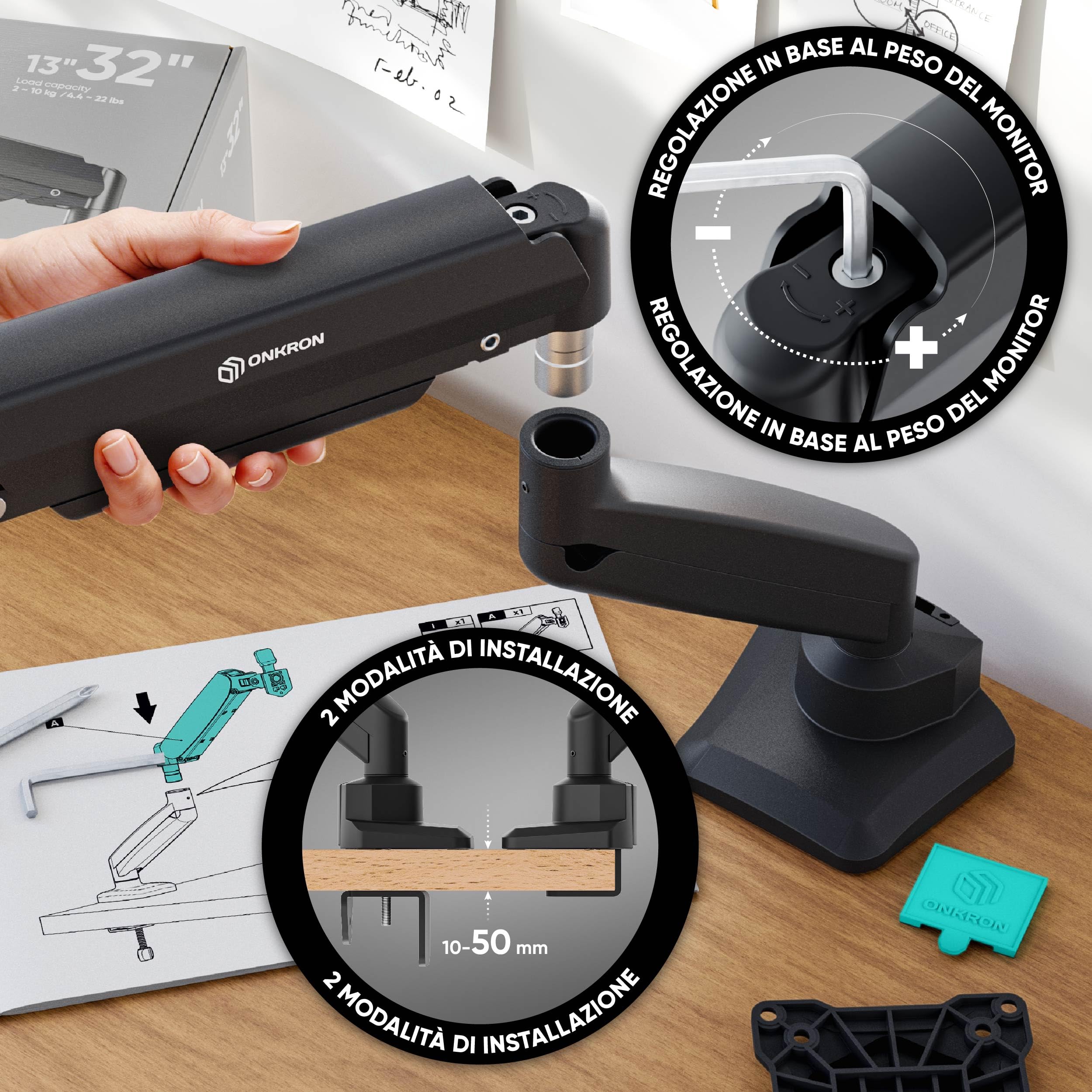 ONKRON Braccio Monitor da Scrivania 13"-32", Carico 2-10 kg, VESA 75x75-100x100, Supporto Monitor Scrivania, Supporto Schermo PC Universale, Inclinabile e Girevole, Altezza Regolabile, Nero G80-B