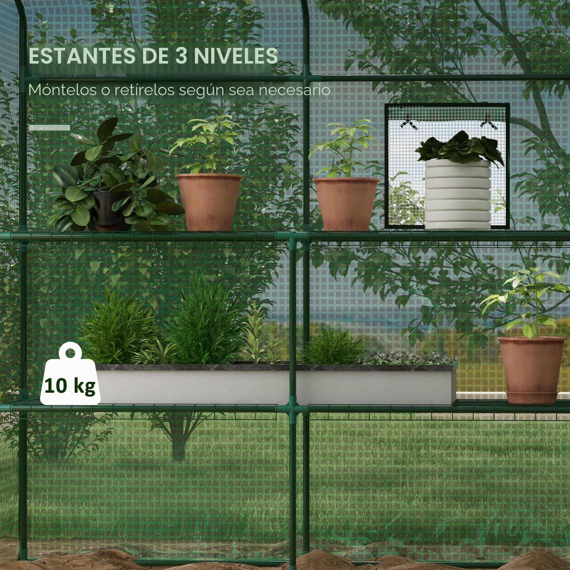 Outsunny Invernadero transitable 4.6'x4.7'x6.2', 3 niv. 8 EST., Verde | Invernadero exterior, cubierta de PE reforzada, invernadero para plantas de jardín, puerta enrollable, ventanas de malla.