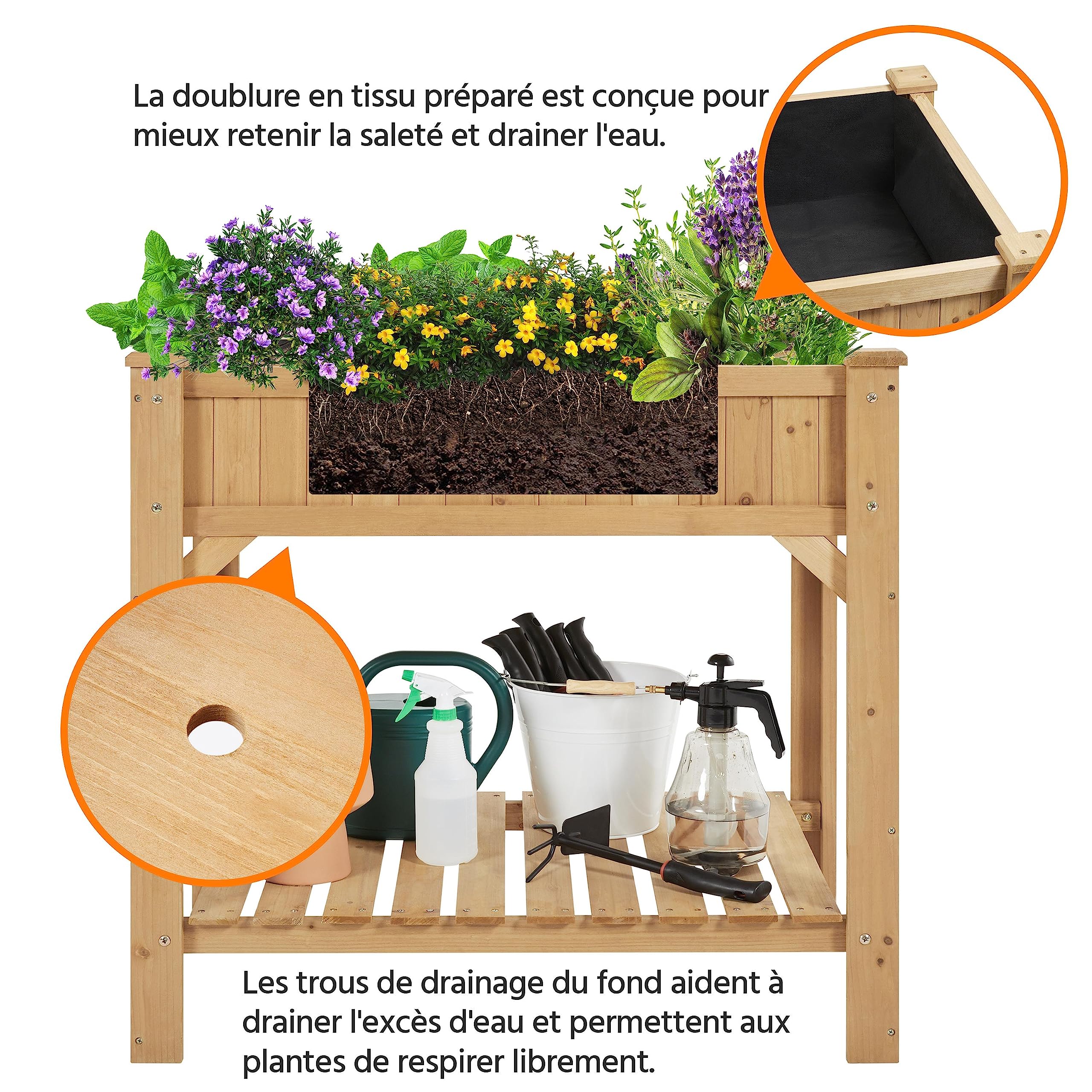 Yaheetech Carré Potager sur Pied Exterieur Table de Rempotage Jardinière Surélevée Carré à Plantes en Bois Trous de Drainage pour Légumes ou Fleurs dans Balcon/Jardin