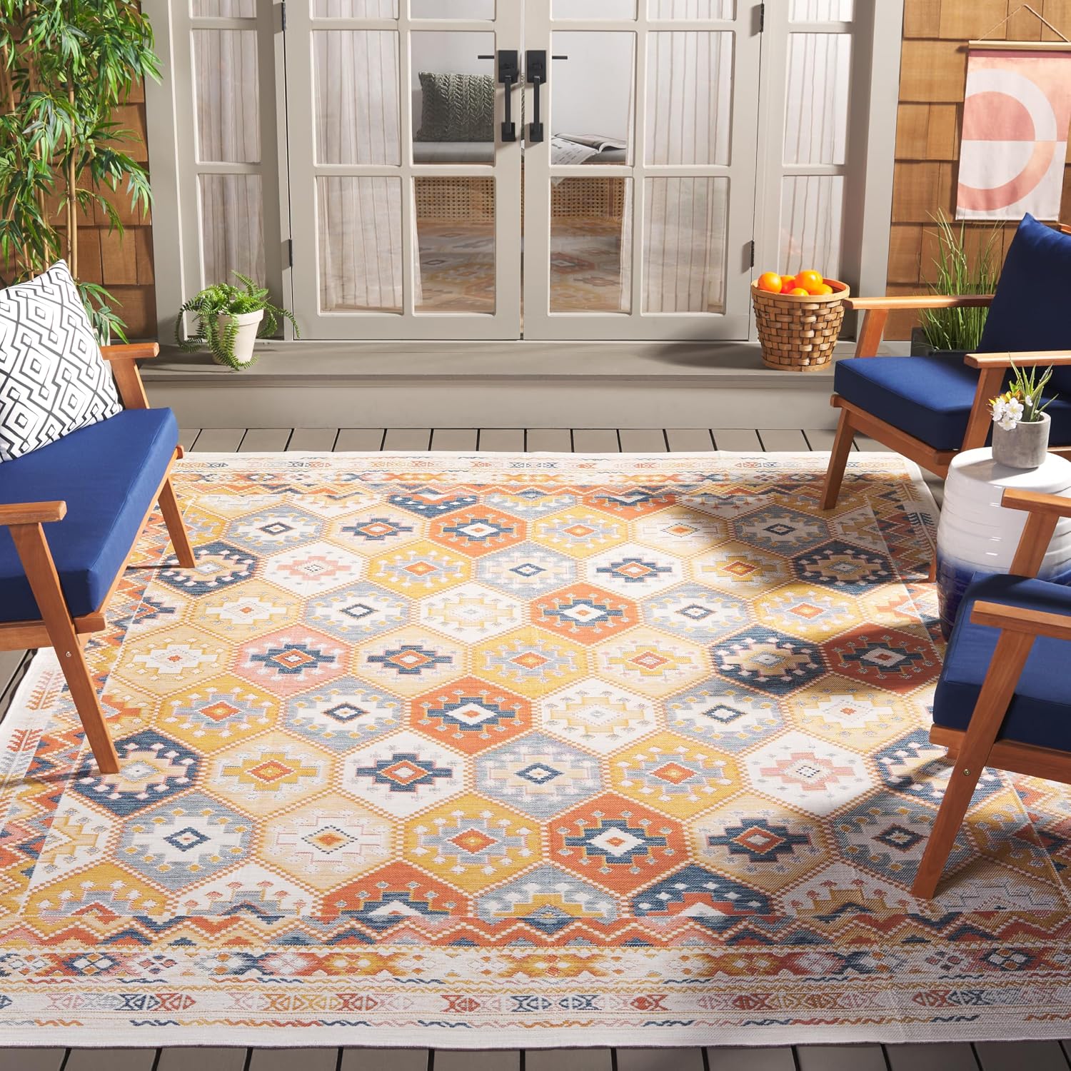 SAFAVIEH Washable Rug Outdoor Sunrise Collection - 8' x 10', Gold & Rust Blue, Non-Shedding & Easy to Clean, Ideal for Patio, Backyard, Mudroom (SUN630D)