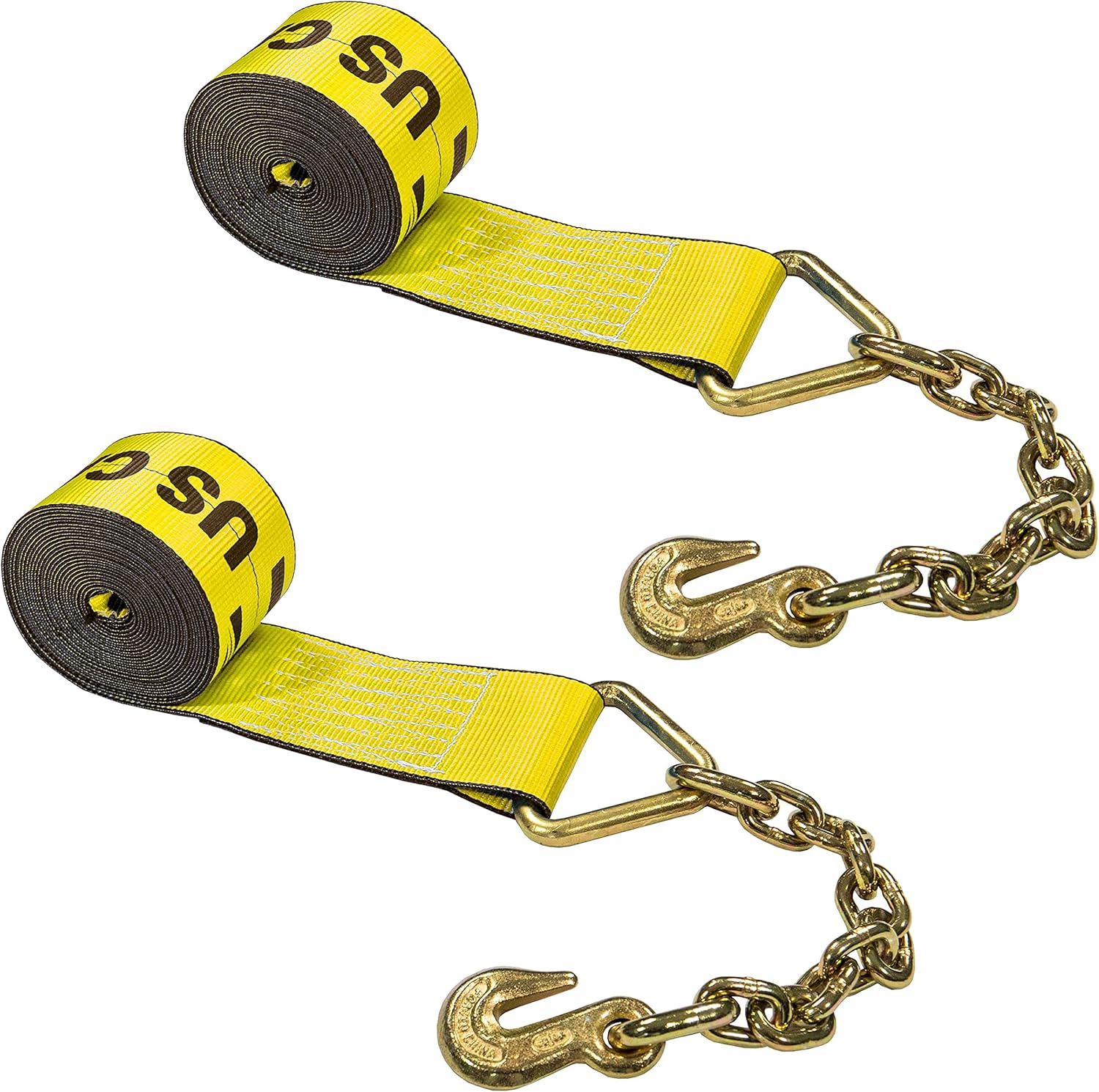 US Cargo Control 4 Inch Winch Strap with Chain Extension Fitting, 30 Feet Long, Heavy Duty Trailer Winch Strap for Safe Cargo Securement, 18 Inch Chain Extension with Grab Hook, Yellow, 2-Pack