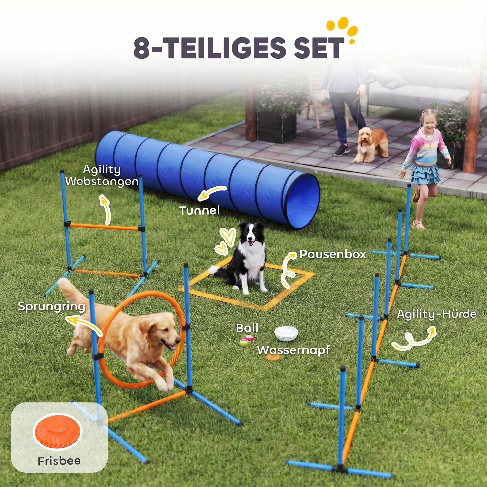 PawHut Zestaw do treningu psów dla Agility 8-częściowy zestaw tuneli | Regulowane przeszkody, pierścień do skakania, platforma do przerwy, miska, zabawka, torba do noszenia, do ogrodu